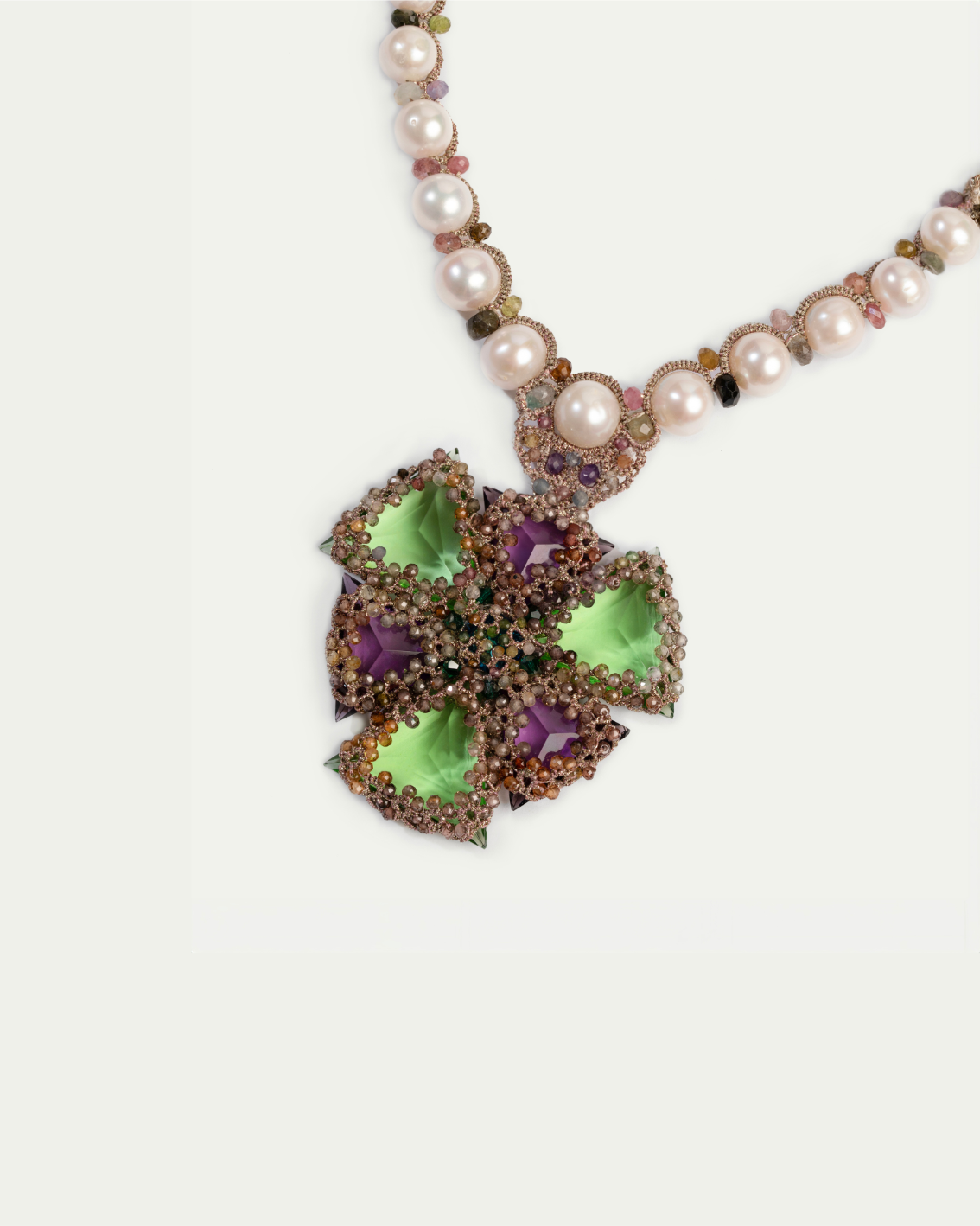 LYDIA NECKLACE in Silk, Pearl, Pearls color Green front view with elegant and refined design