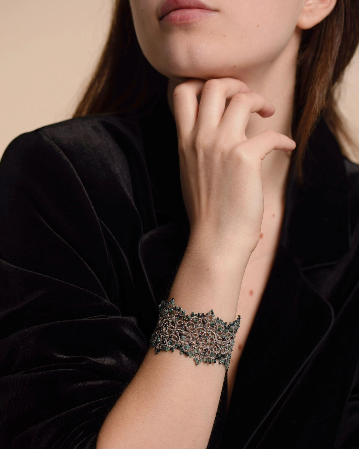 MARBELLA BRACELET in Silk, Pearl, Tourmaline color Blue side view with decorative details and quality finishes