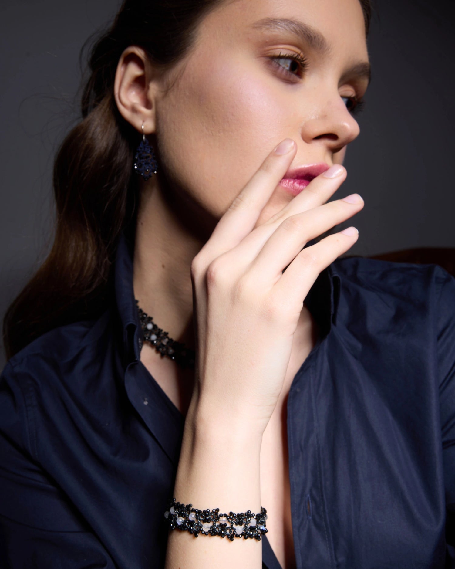 MARGUERITTE BRACELET in Silk, Pearl color Black close-up view with premium look and attention to detail