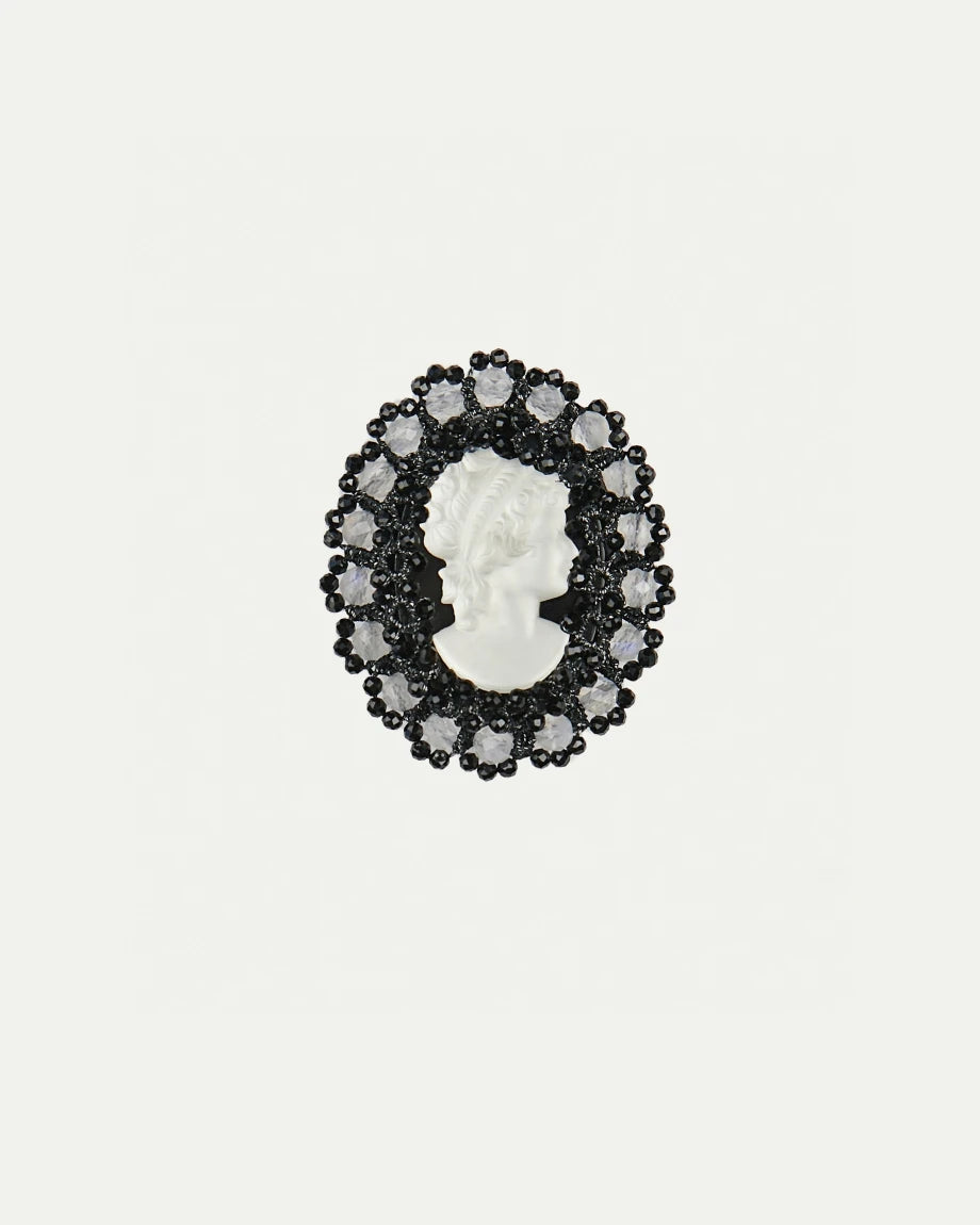 MARGUERITTE BROOCH with carved vintage glass cameo, black spinel gemstones, and silver pin on silk base.