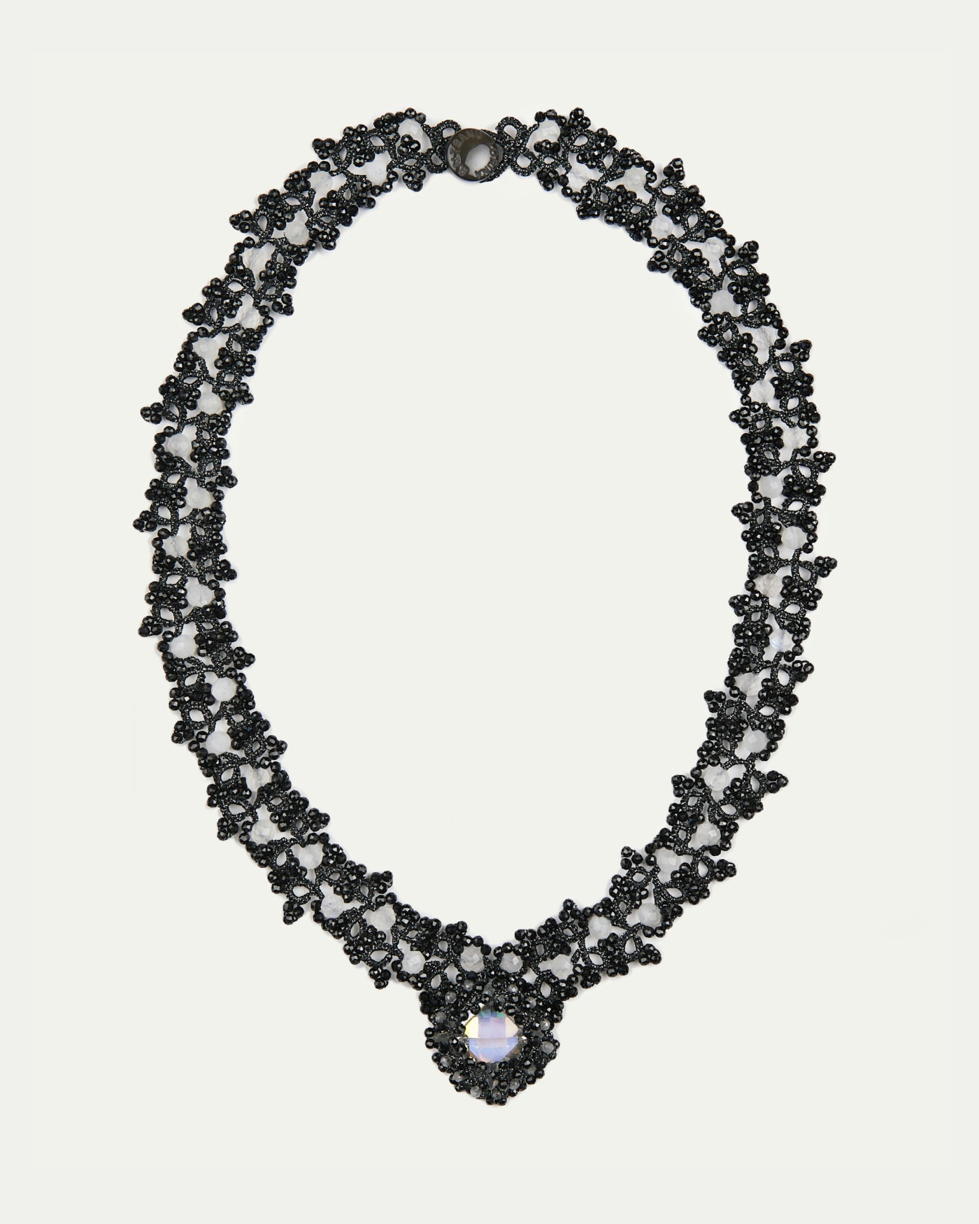 MARGUERITTE NECKLACE in Silk, Pearl, Crystal color Black front view with elegant and refined design