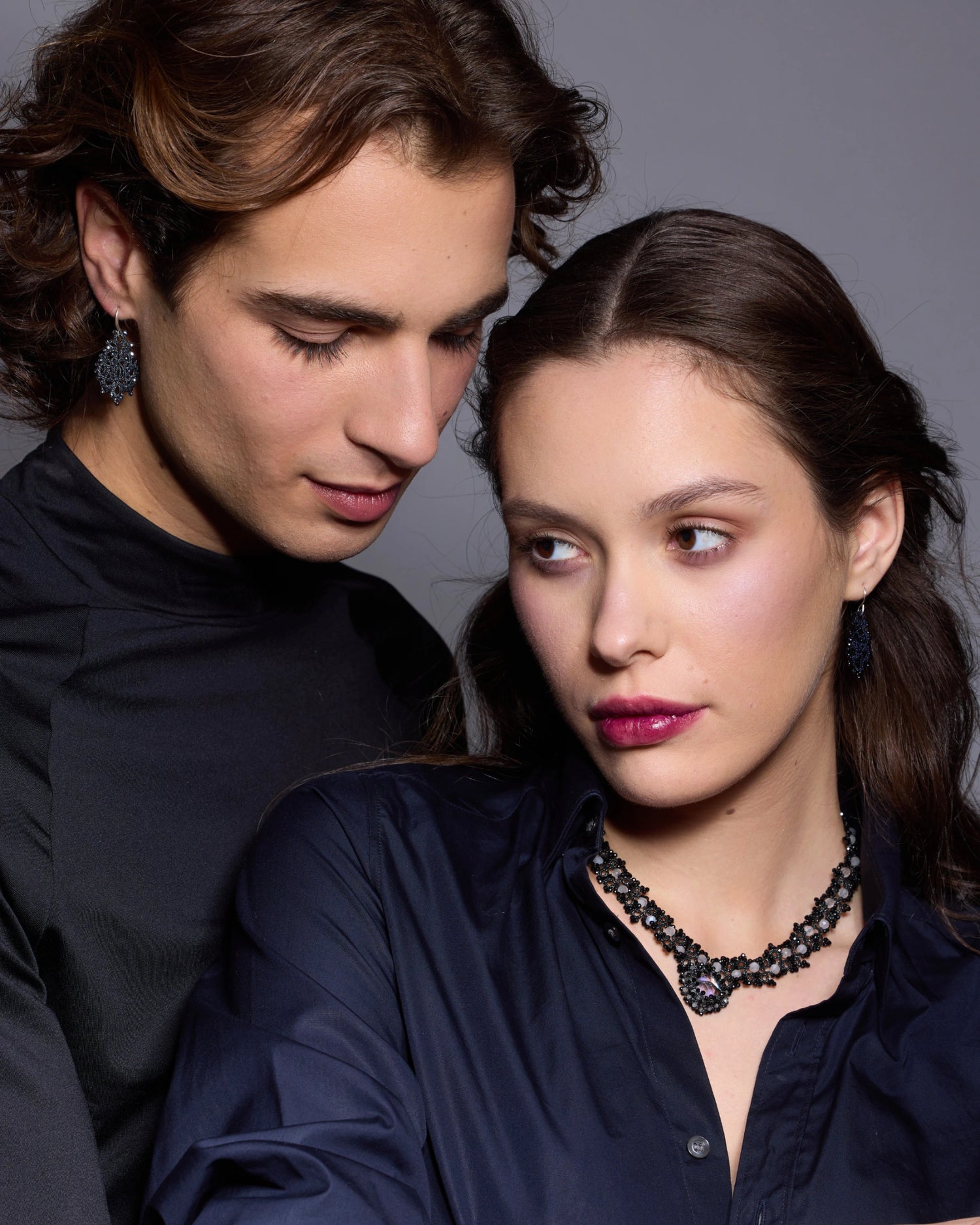 MARGUERITTE NECKLACE in Silk, Pearl, Crystal color Black perspective view with exceptional quality and modern design