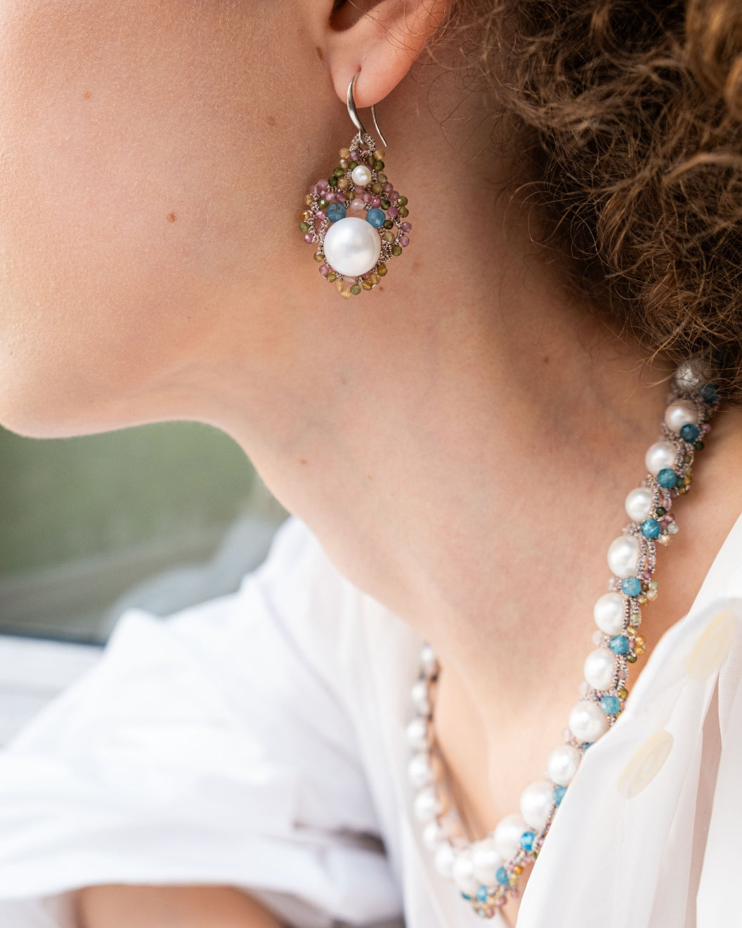 MATILDA EARRINGS in Silk, Pearl, Pearls color Blue front view with elegant and refined design