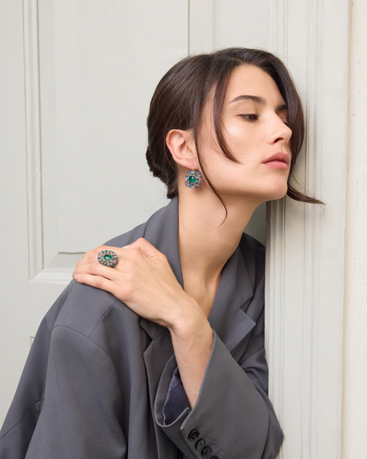 MEG RING in Silk, Crystal, Kyanite side view with decorative details and quality finishes