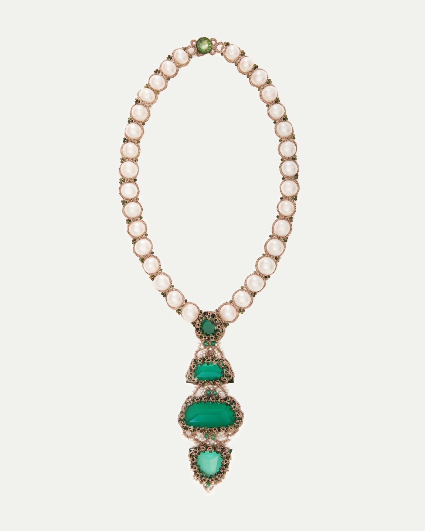 MERSEDES PENDANT in Silk, Pearl, Pearls color Green front view with elegant and refined design