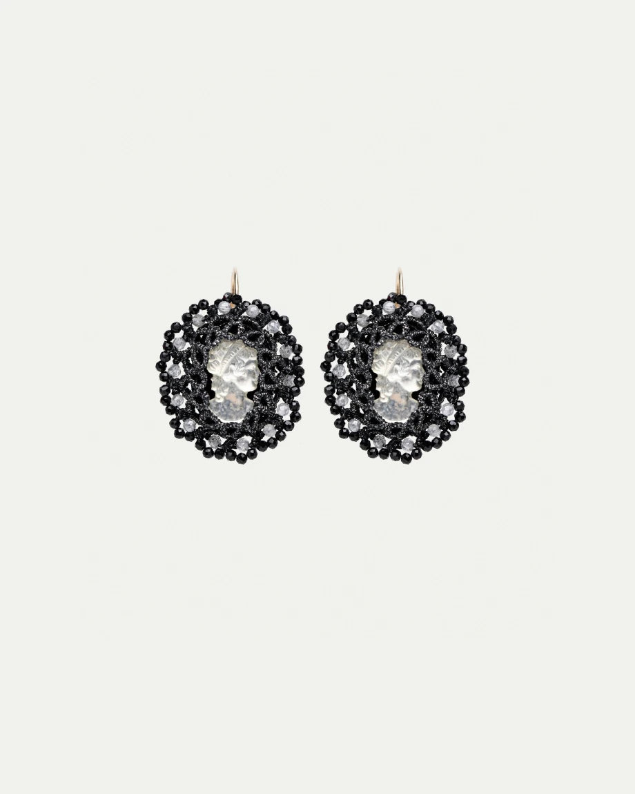 MUZA EARRINGS in Silk, Silver, Glass color Black front view with elegant and refined design