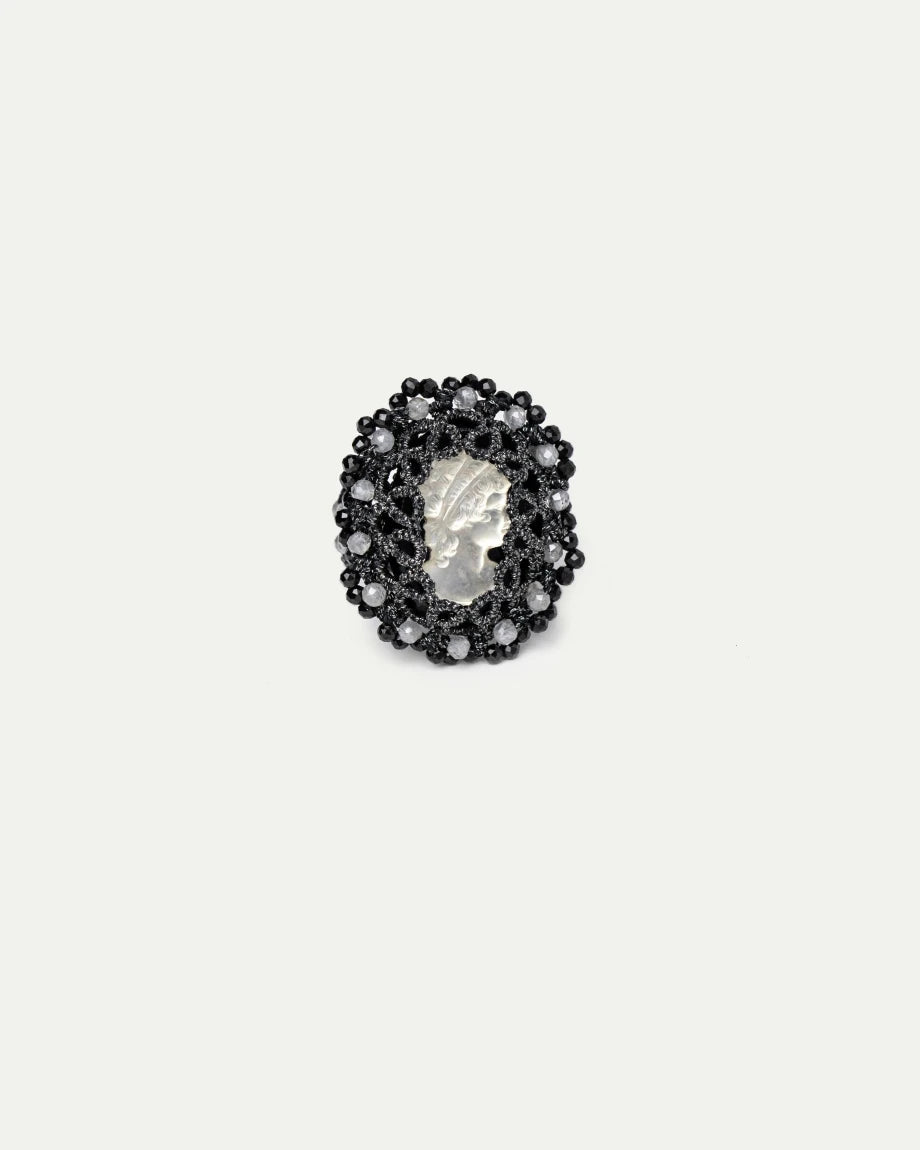 MUZA RING in Silk, Glass color Black side view with decorative details and quality finishes