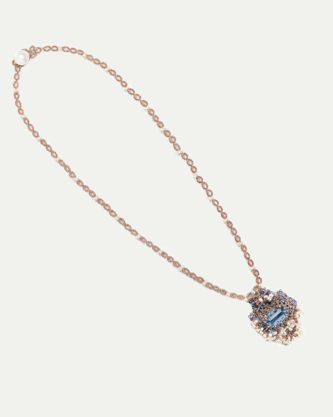 Blue silk Naya necklace with freshwater pearls and crystals, intricate detail with pearl accents.