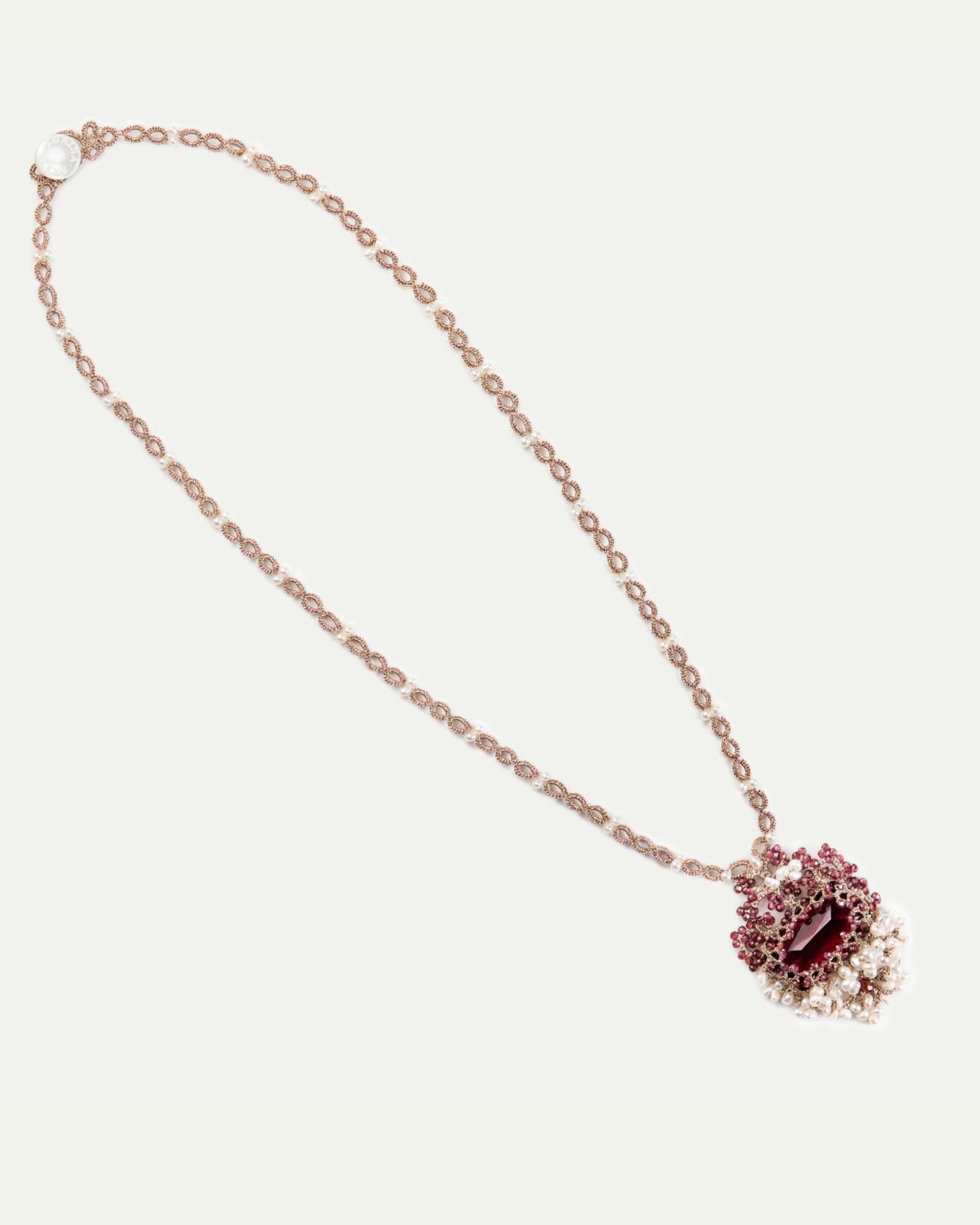 NAYA NECKLACE in Silk, Pearl, Pearls color Red side view with decorative details and quality finishes