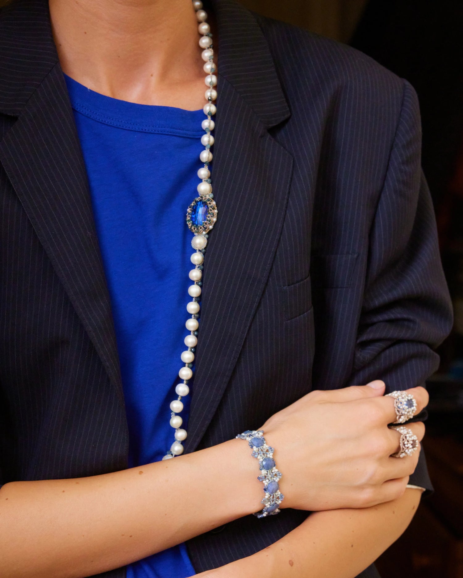 NAYA RING in Silk, Pearls, Freshwater pearls color Blue side view with decorative details and quality finishes