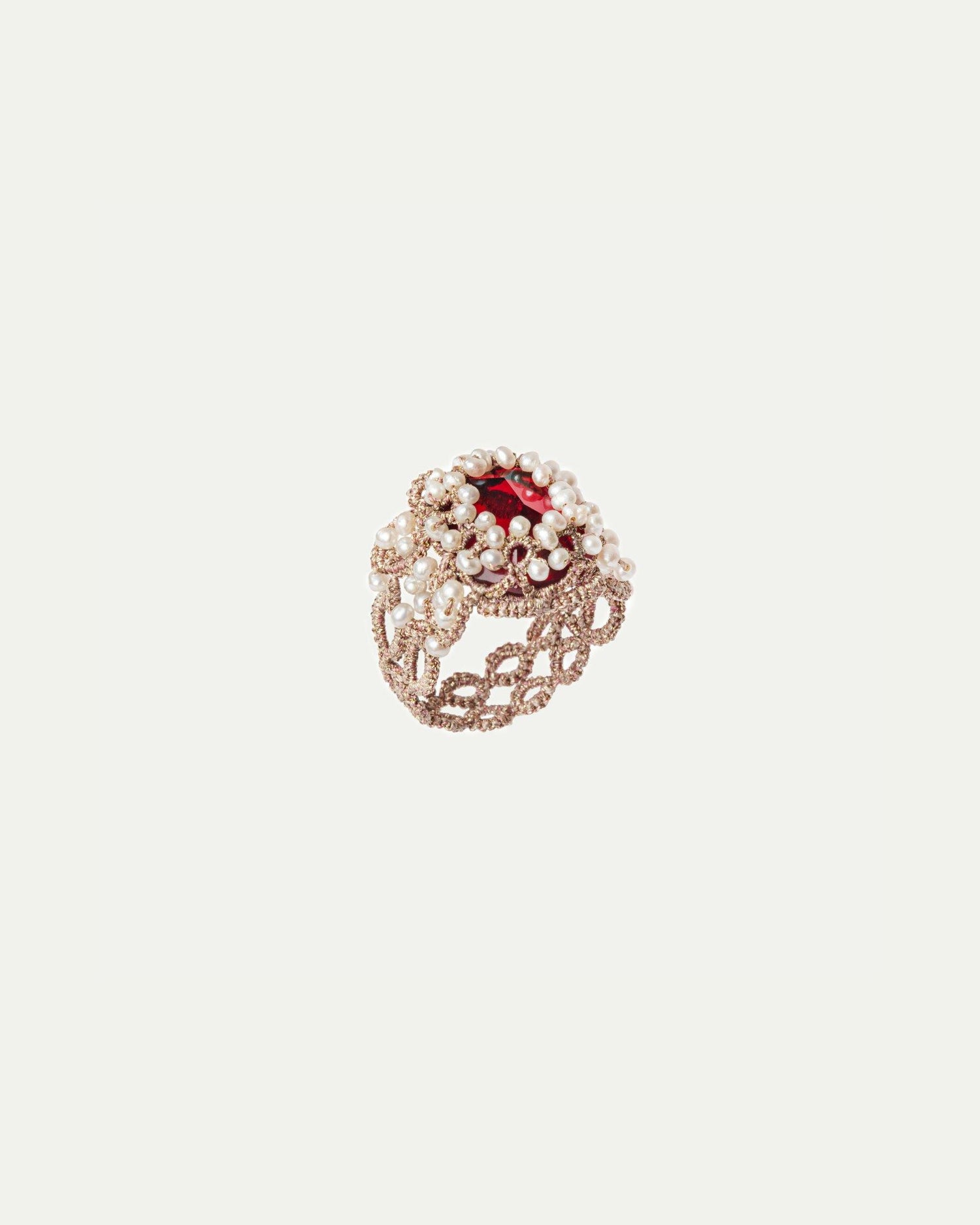 Red NAYA ring with silk band, ornate with pearls, freshwater pearls, and crystal detailing. Size options: 53, 55, 59.