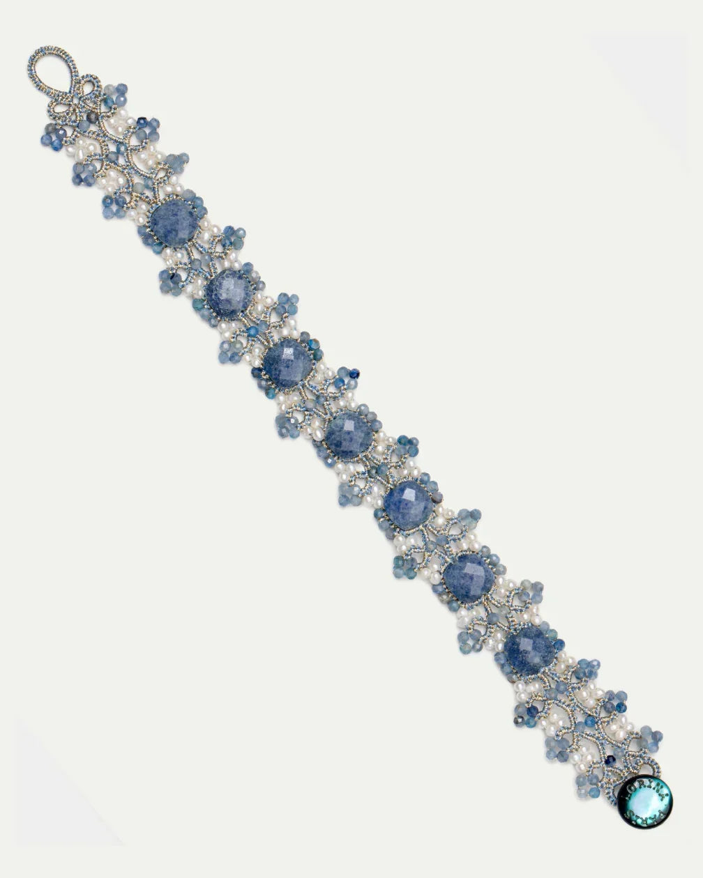 PAIGE BRACELET in Silk, Pearl, Pearls color Blue close-up view with premium look and attention to detail