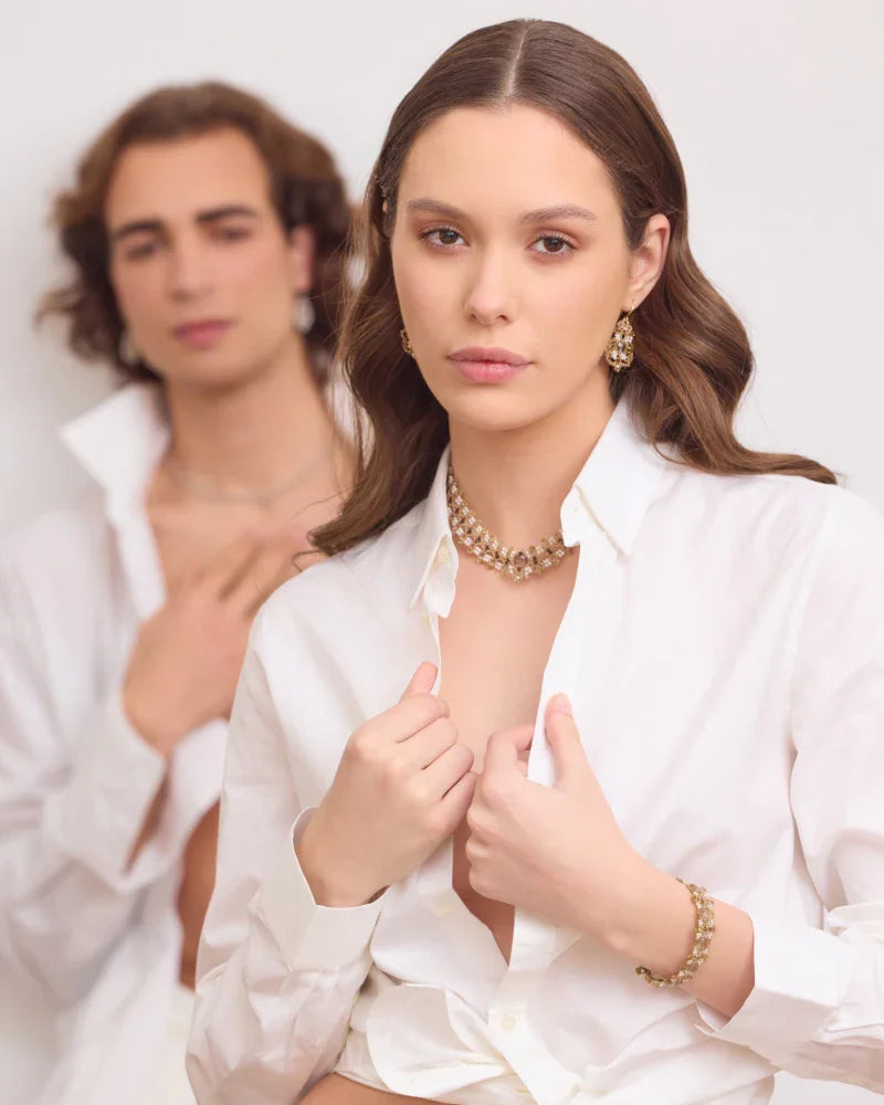 PAIGE NECKLACE in Silk, Pearl, Pearls color Gold full view with sophisticated look and elegance