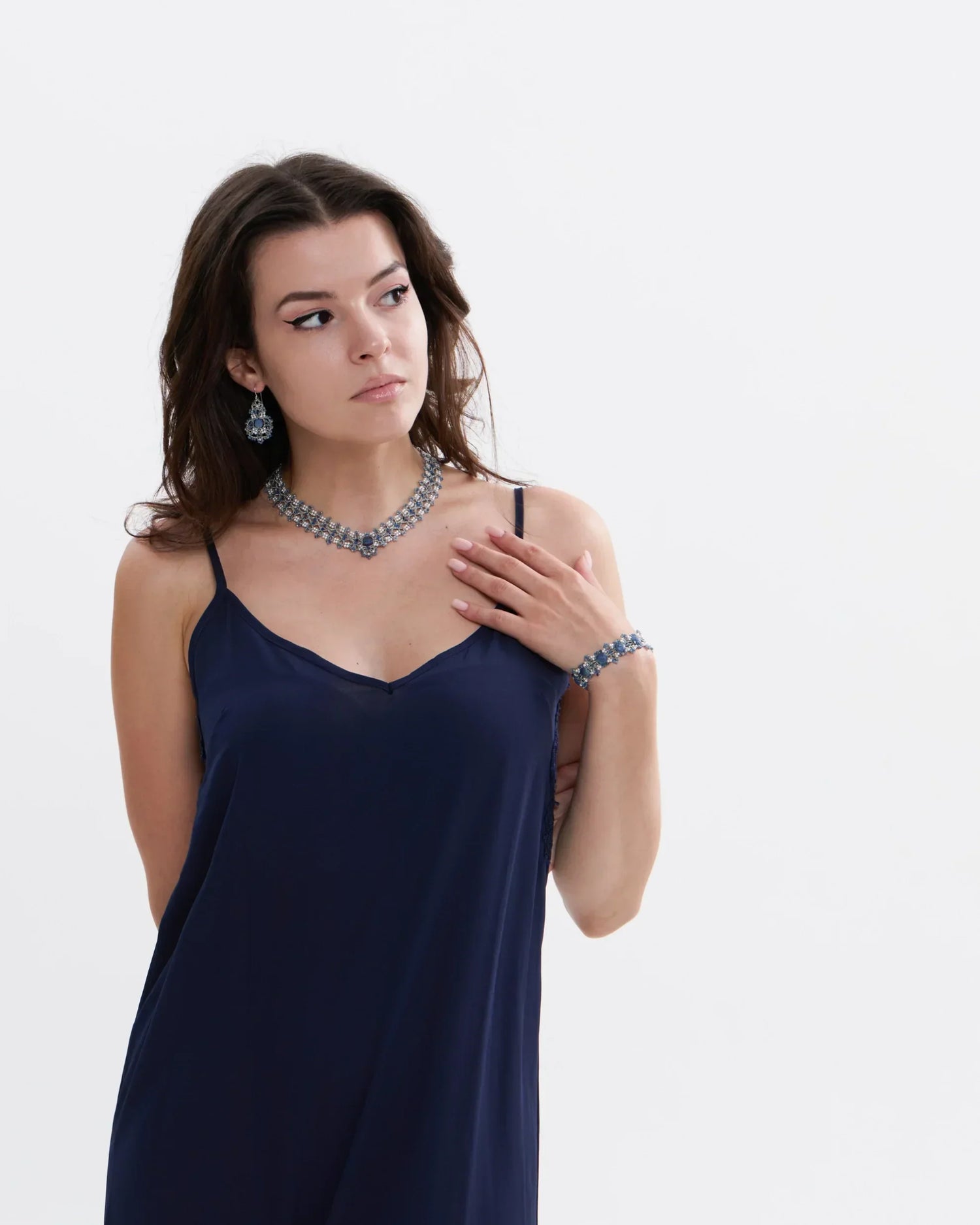 PAIGE NECKLACE in Silk, Pearl, Pearls color Blue close-up view with premium look and attention to detail