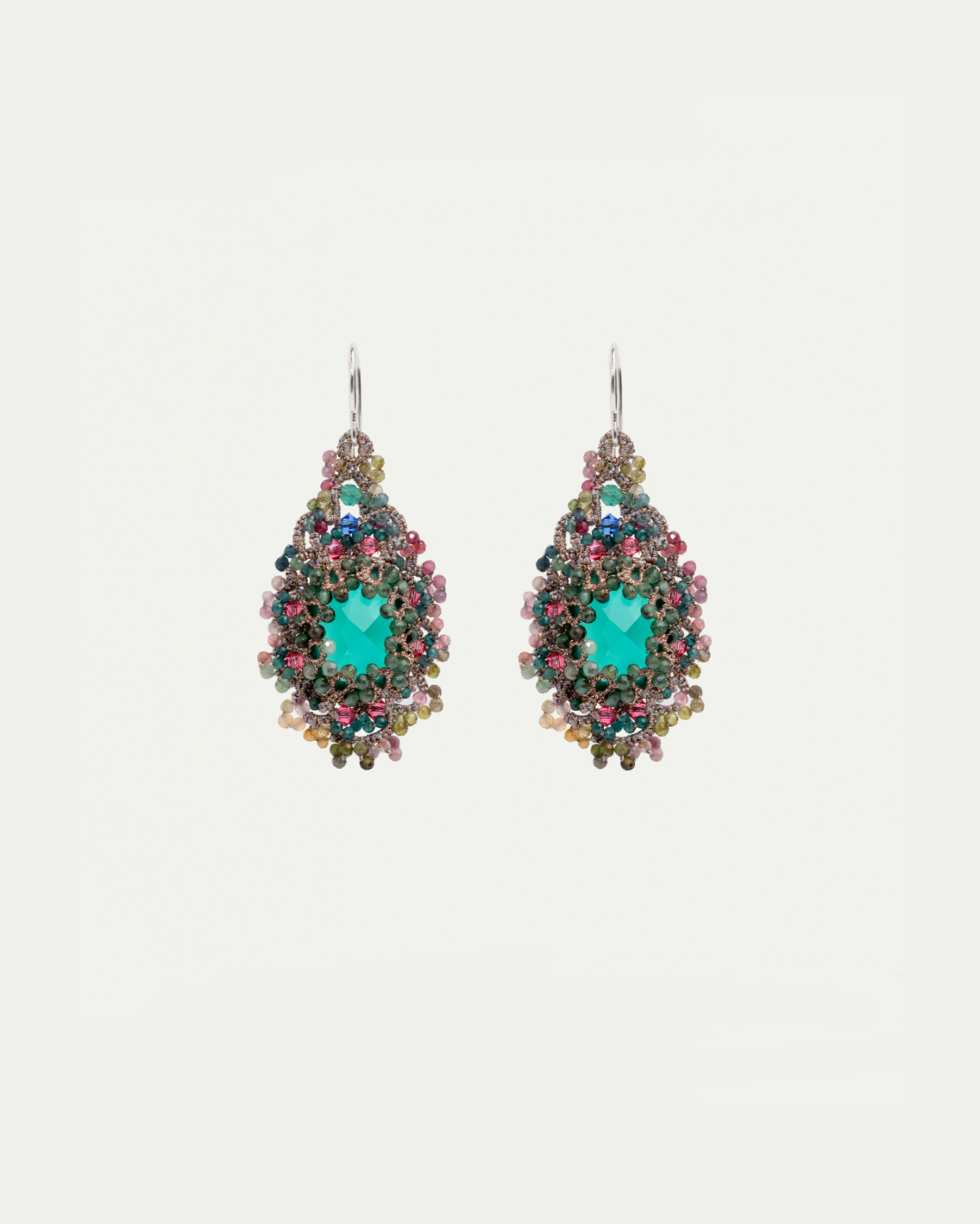 PAMELA EARRINGS in Silk, Pearl, Crystal color Green front view with elegant and refined design