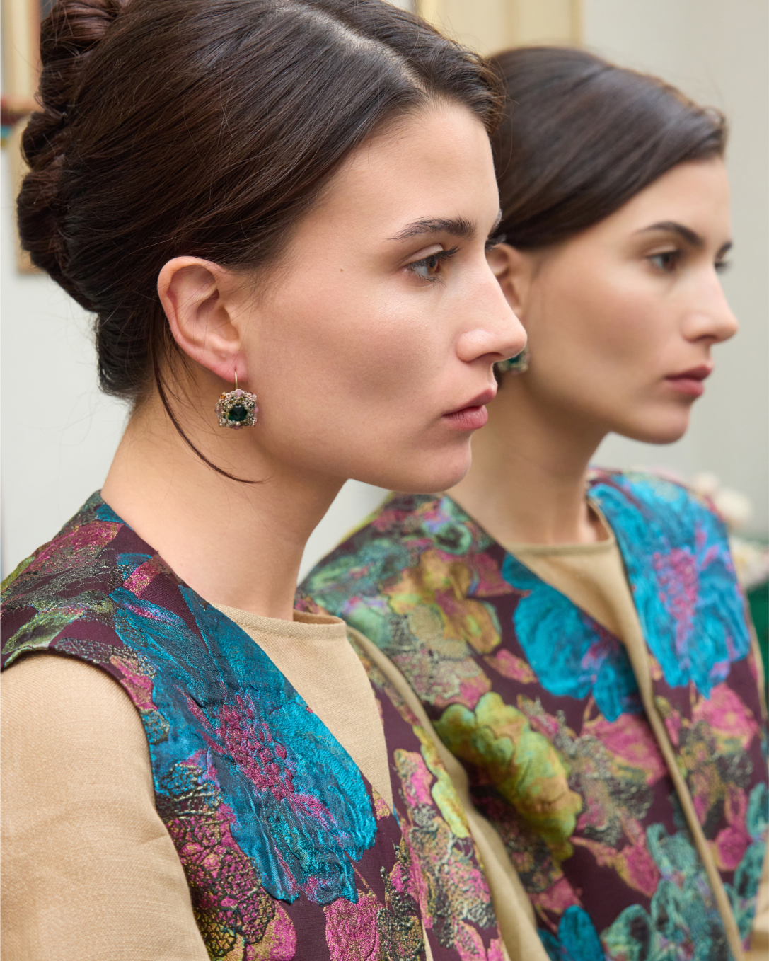 RADA EARRINGS in Silk, Gold, Silver color Multicolor side view with decorative details and quality finishes