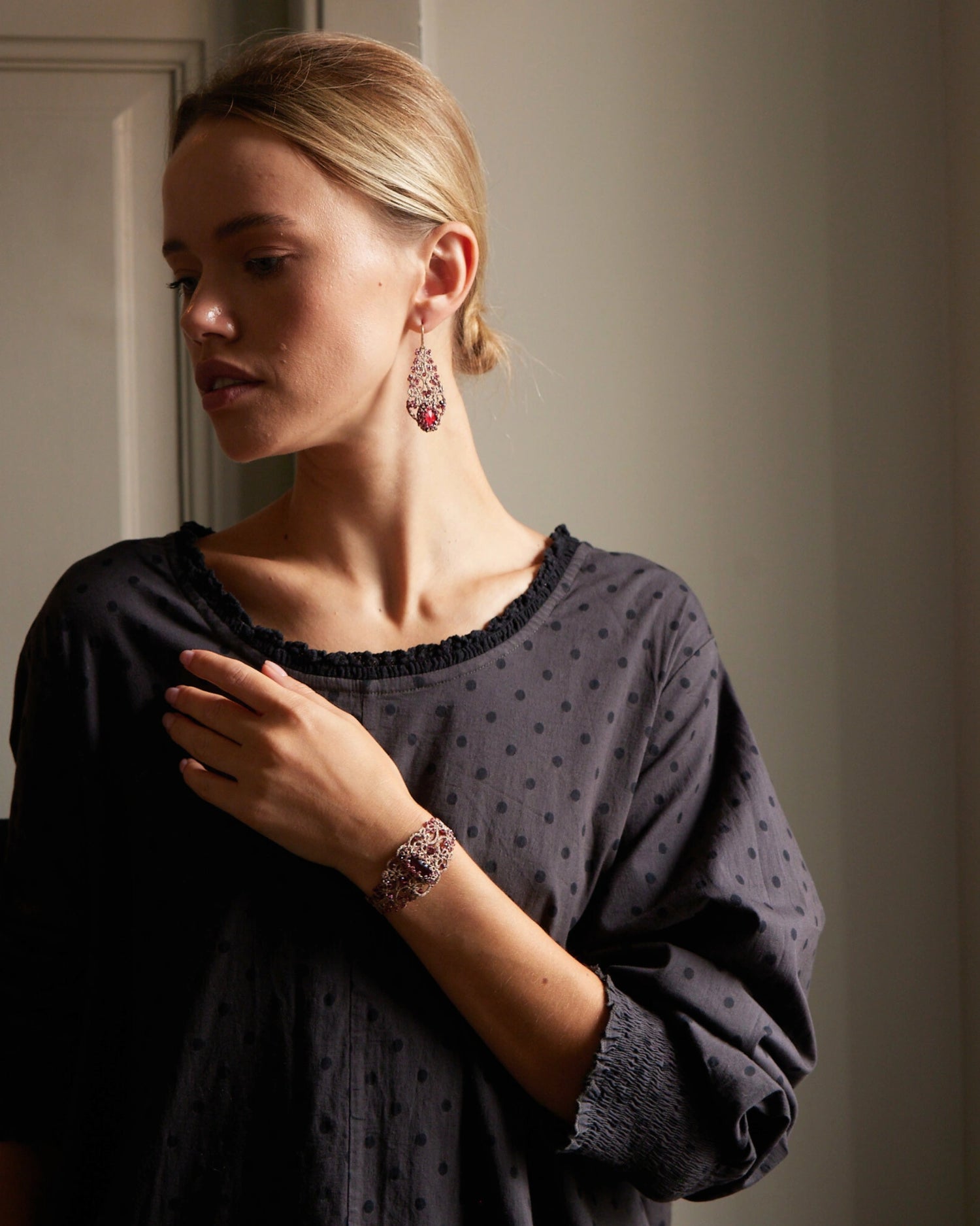 ROZALINA BRACELET in Silk, Pearl, Crystal color Red front view with elegant and refined design