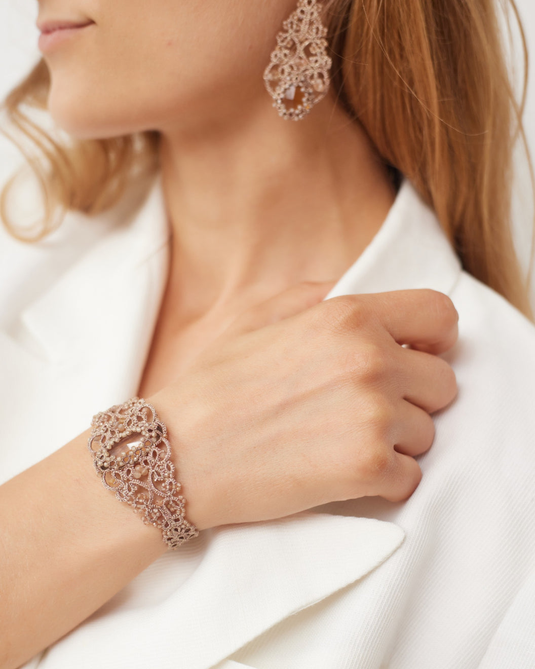 ROZALINA BRACELET in Silk, Pearl, Crystal color Gold side view with decorative details and quality finishes