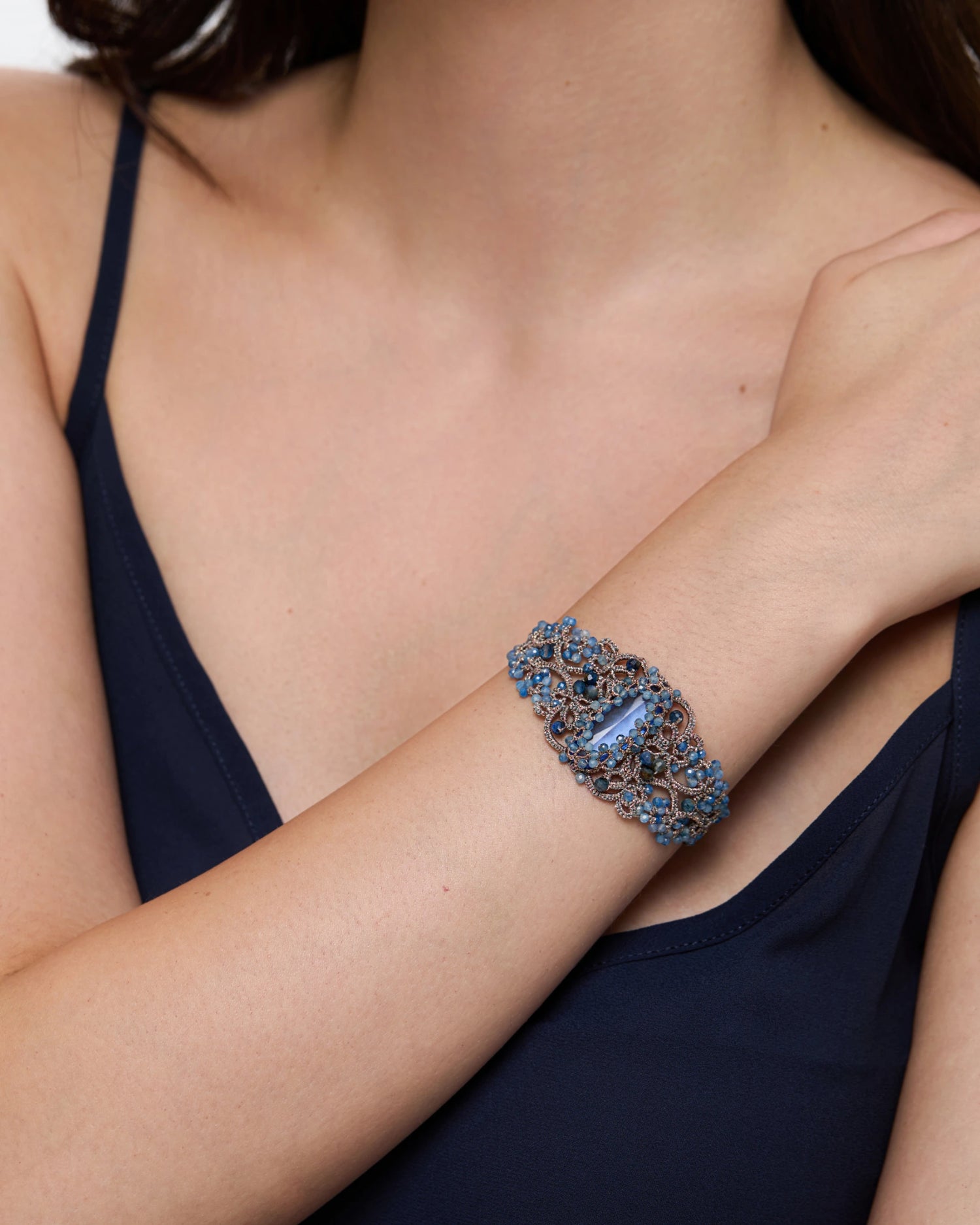 ROZALINA BRACELET in Silk, Pearl, Crystal color Blue detail view with classic and elegant design