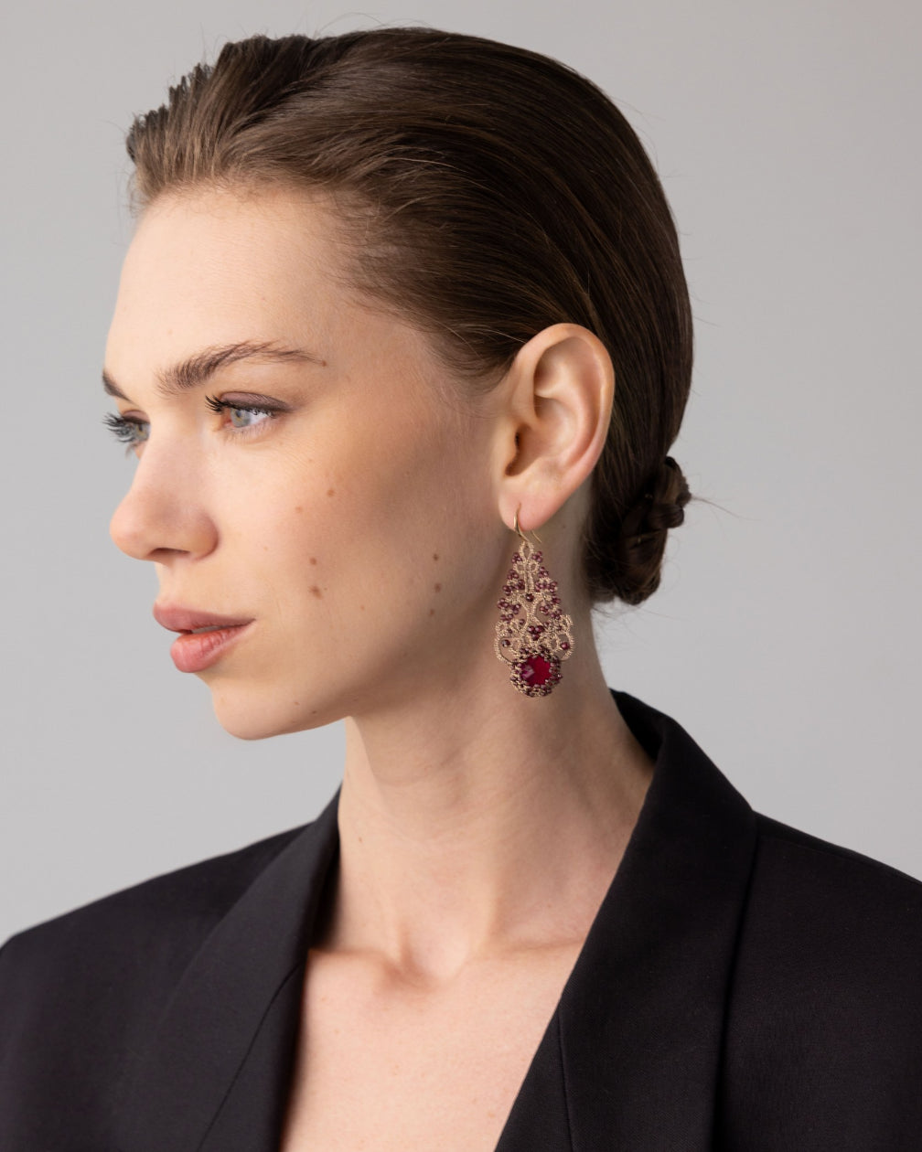 ROZALINA EARRINGS in Silk, Gold, Silver color Red detail view with classic and elegant design