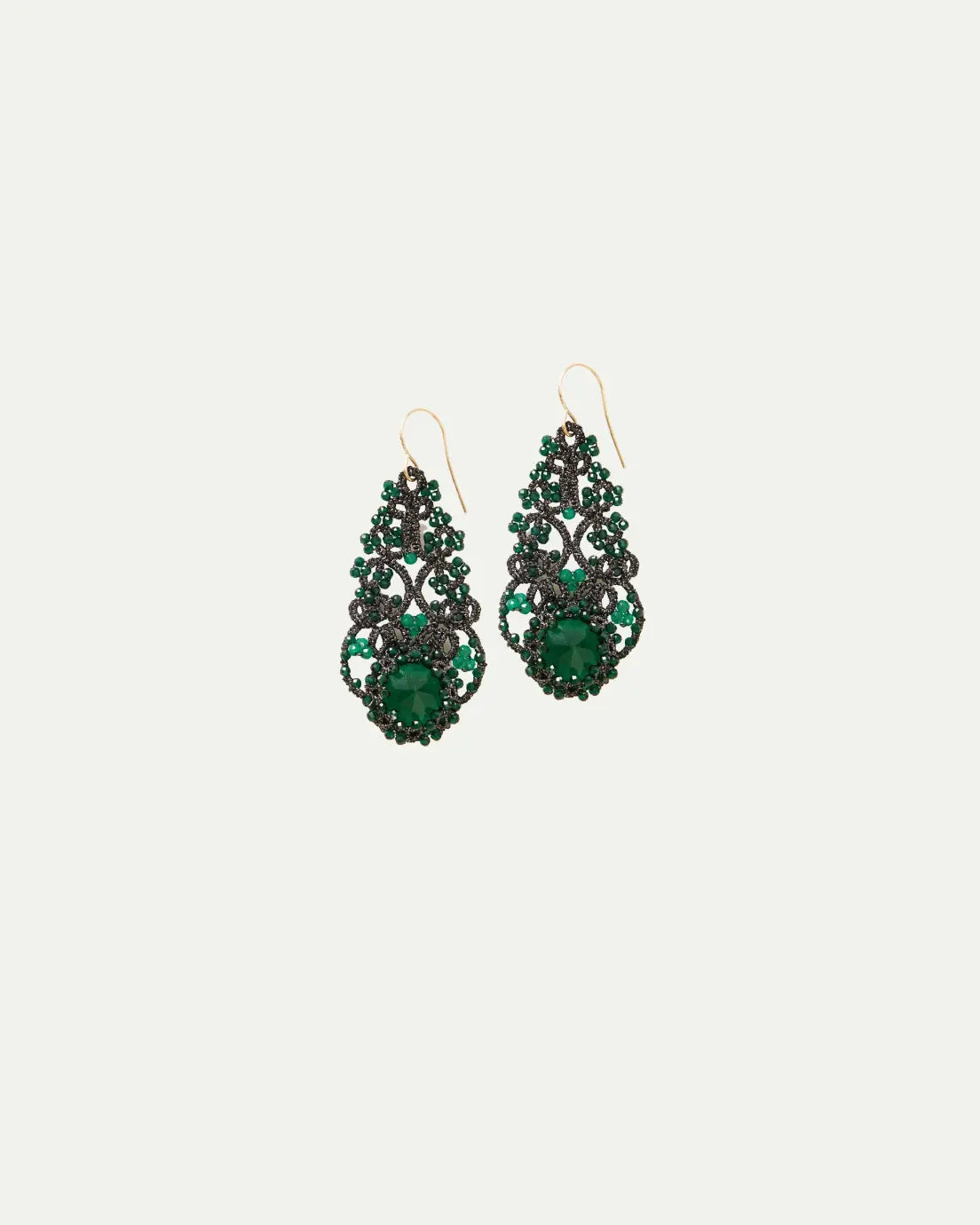 Green Rozalina earrings, ornate filigree design, intricate with green gemstones, hook fastening.