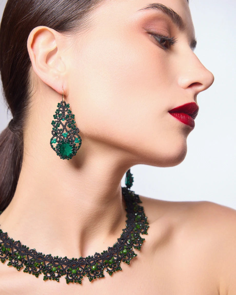 ROZALINA EARRINGS in Silk, Gold, Silver color Green detail view with classic and elegant design