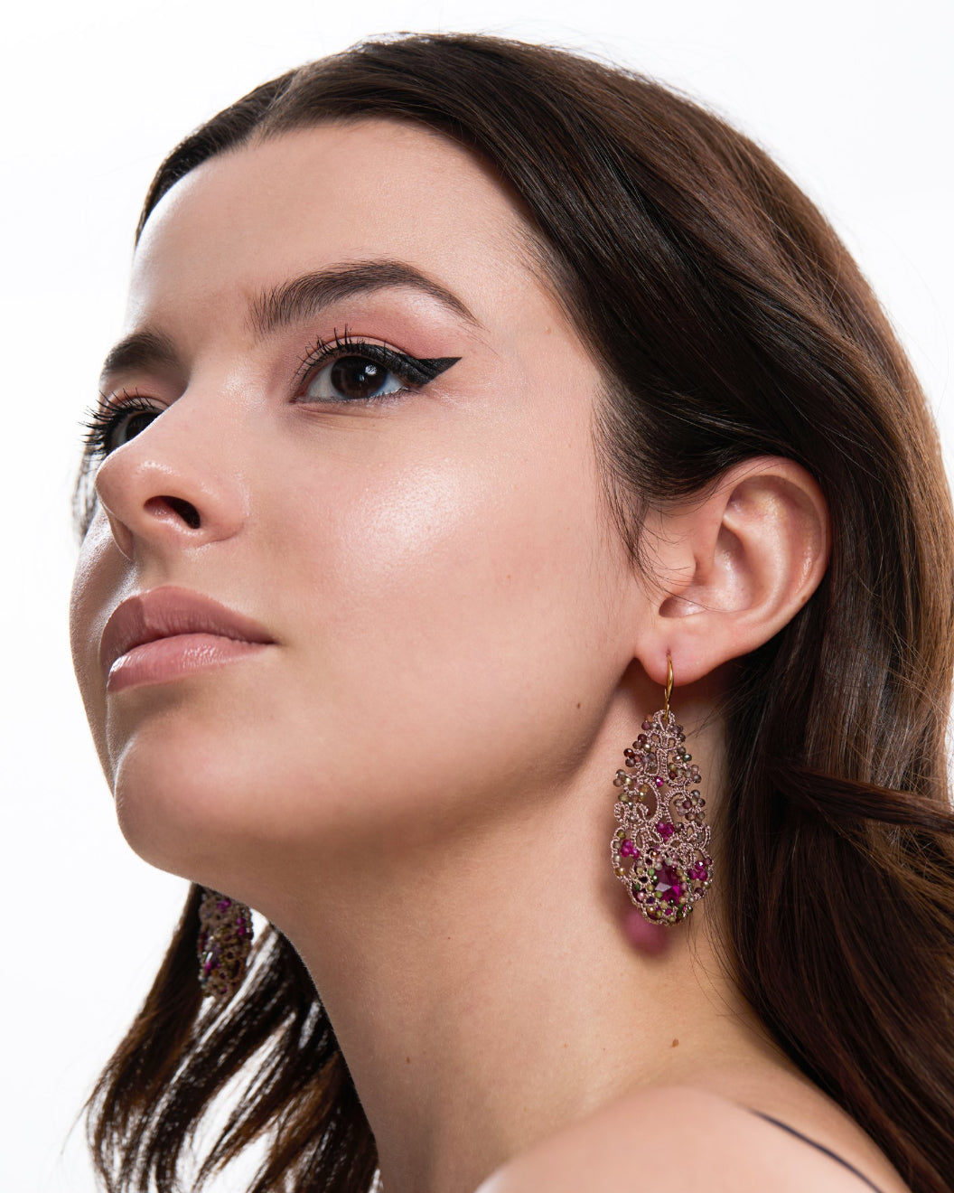 ROZALINA EARRINGS in Silk, Gold, Silver color Rose side view with decorative details and quality finishes