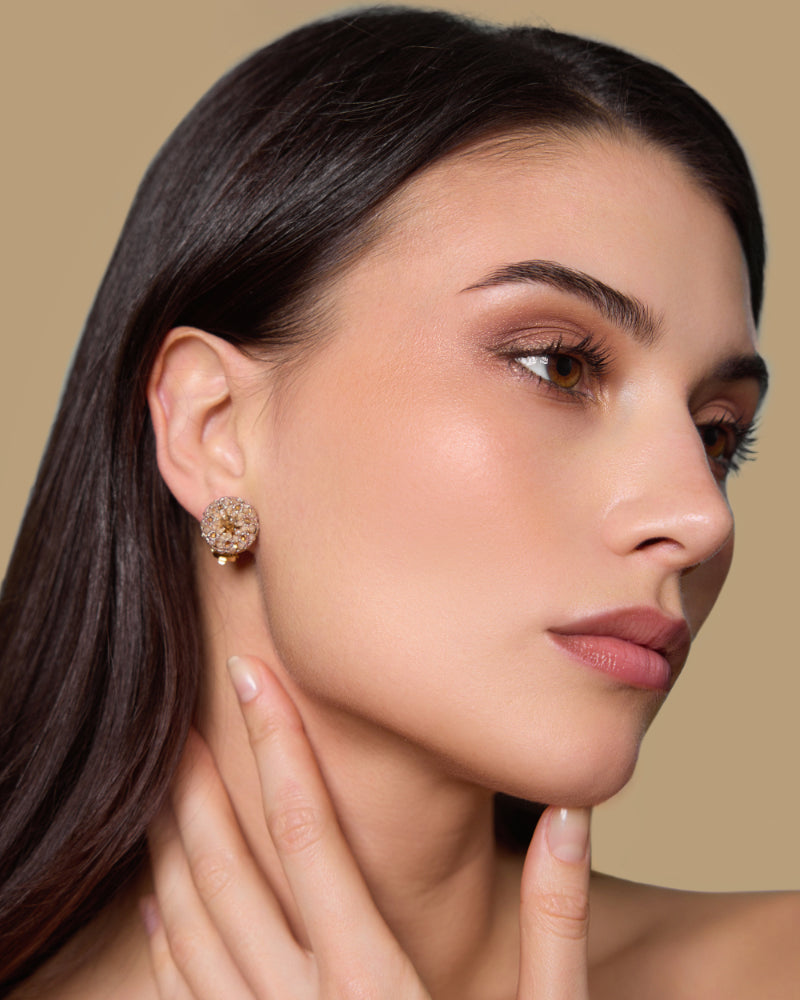 SADIE EARRINGS in Silk, Gold, Crystal color Gold side view with decorative details and quality finishes