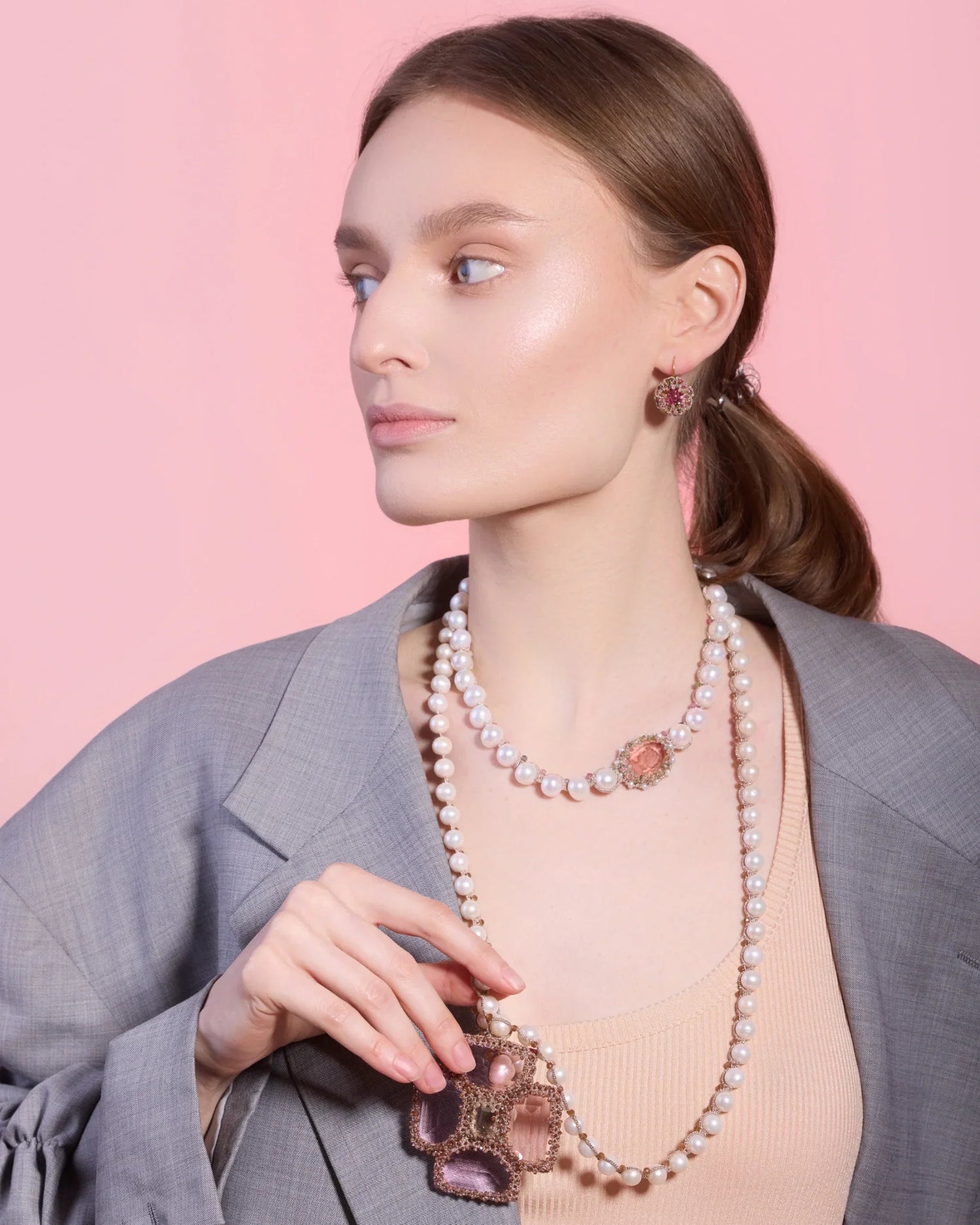 SELENE NECKLACE in Silk, Pearl, Pearls color Rose close-up view with premium look and attention to detail