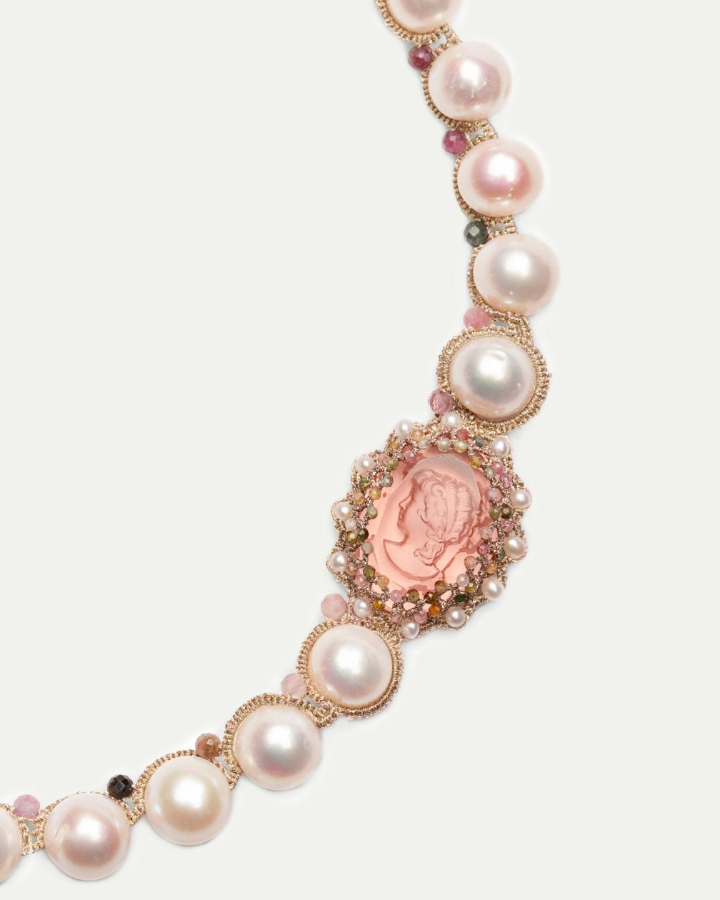 SELENE NECKLACE in Silk, Pearl, Pearls color Rose angle view with superior finishes and refined design
