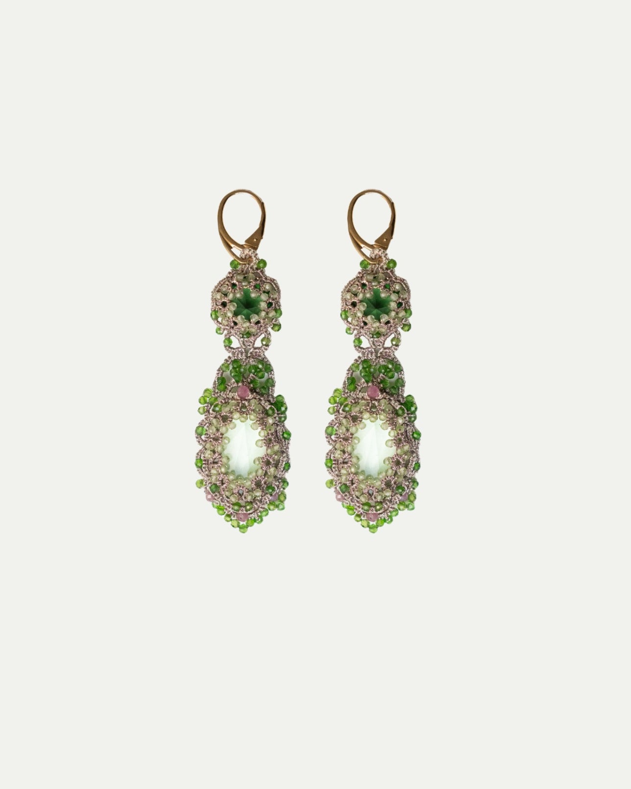 SERENA EARRINGS with green gemstones, peridot, ruby accents, gold-plated silver hooks, silk threads.