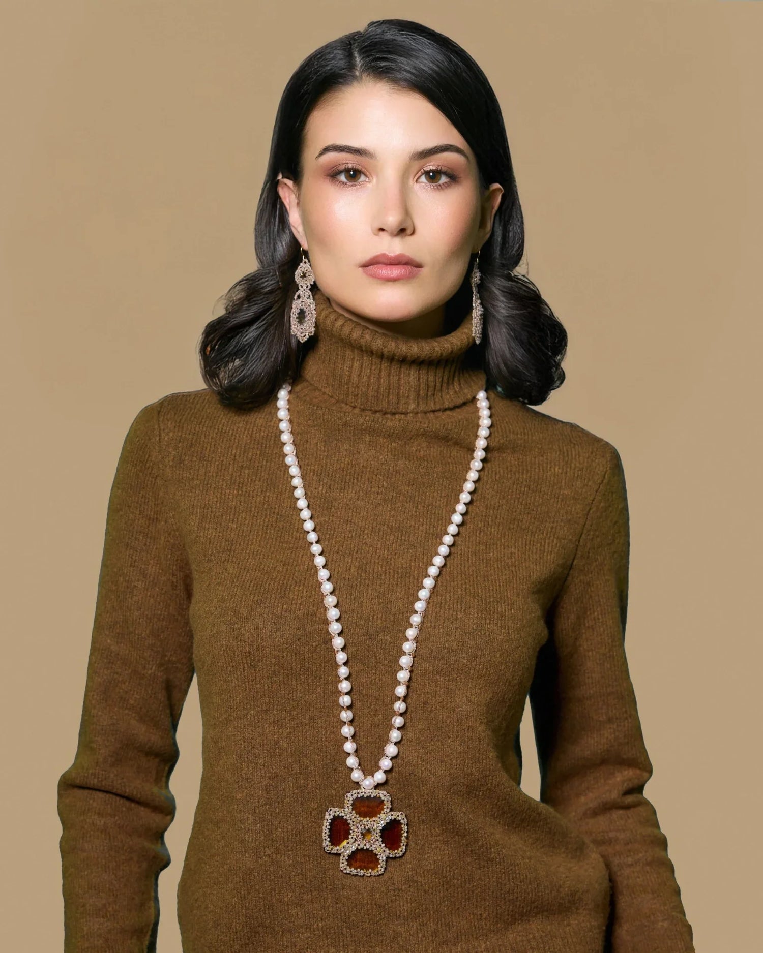 SERENA EARRINGS in Silk, Gold, Silver color White front view with elegant and refined design