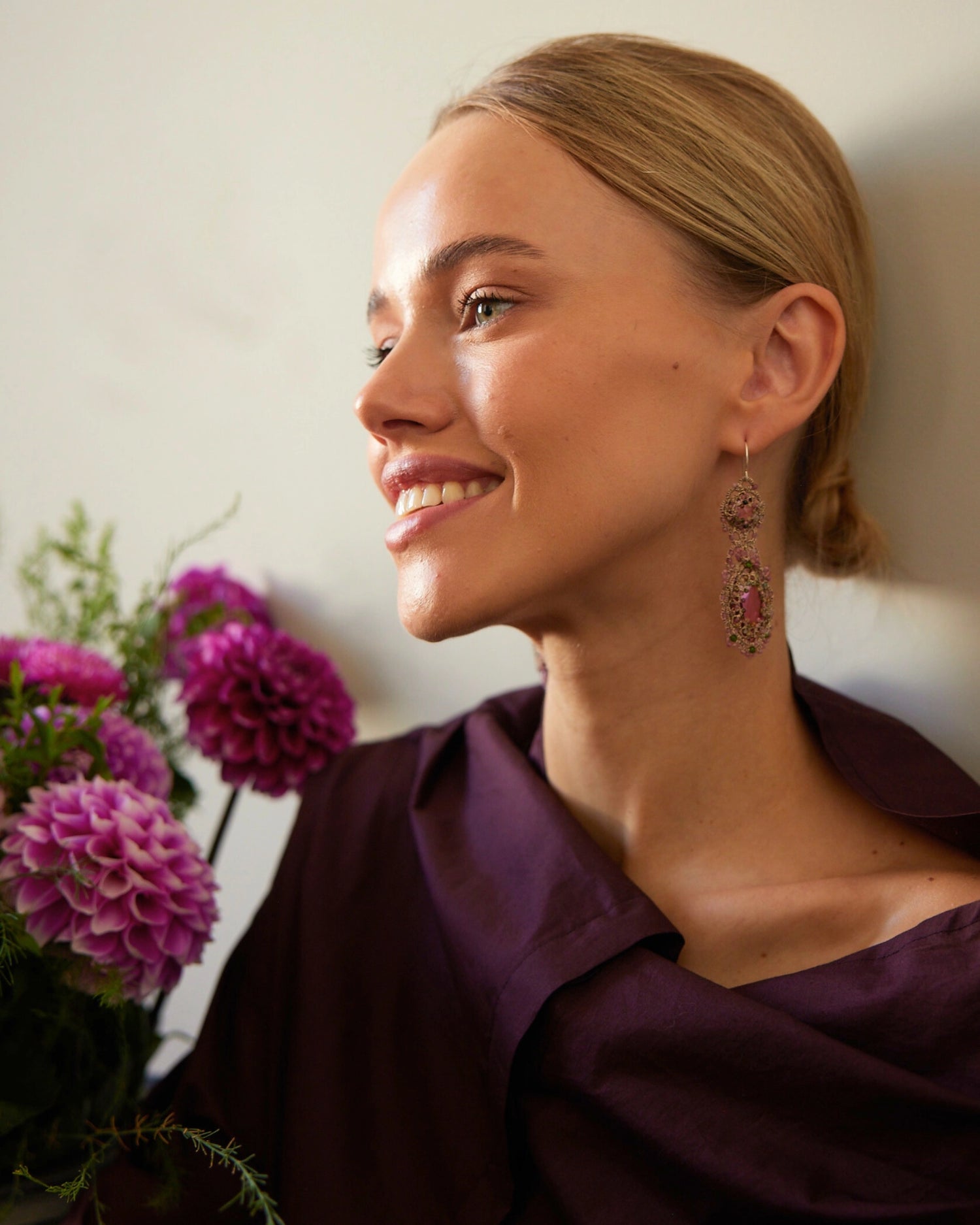 SERENA EARRINGS with crystals, pink tourmaline, silk, and silver, rose color, elegant design