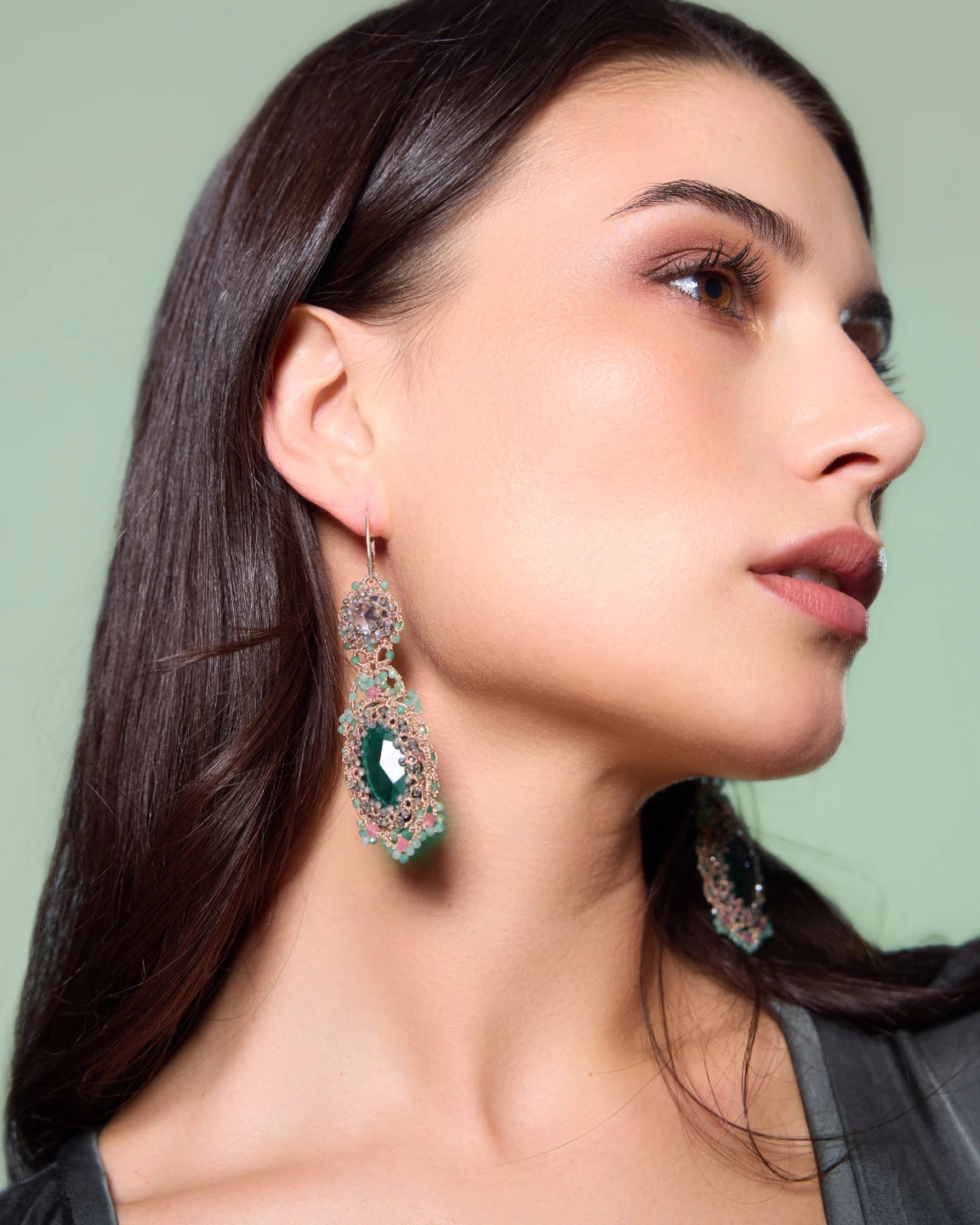 SERENA LUX EARRINGS in Silk, Silver, Crystal color Green front view with elegant and refined design