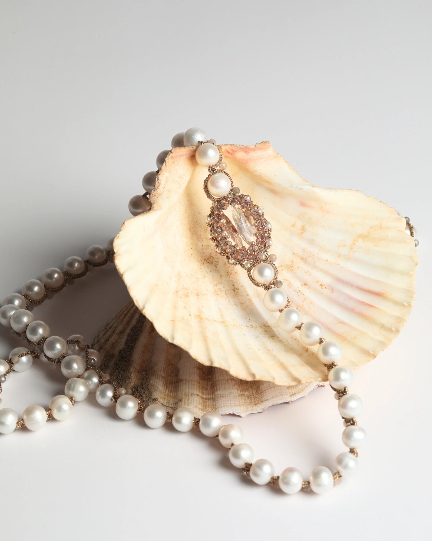 SHAYLA PENDANT with freshwater pearls, moonstone, zircon gemstones, vintage crystal, gold accents.