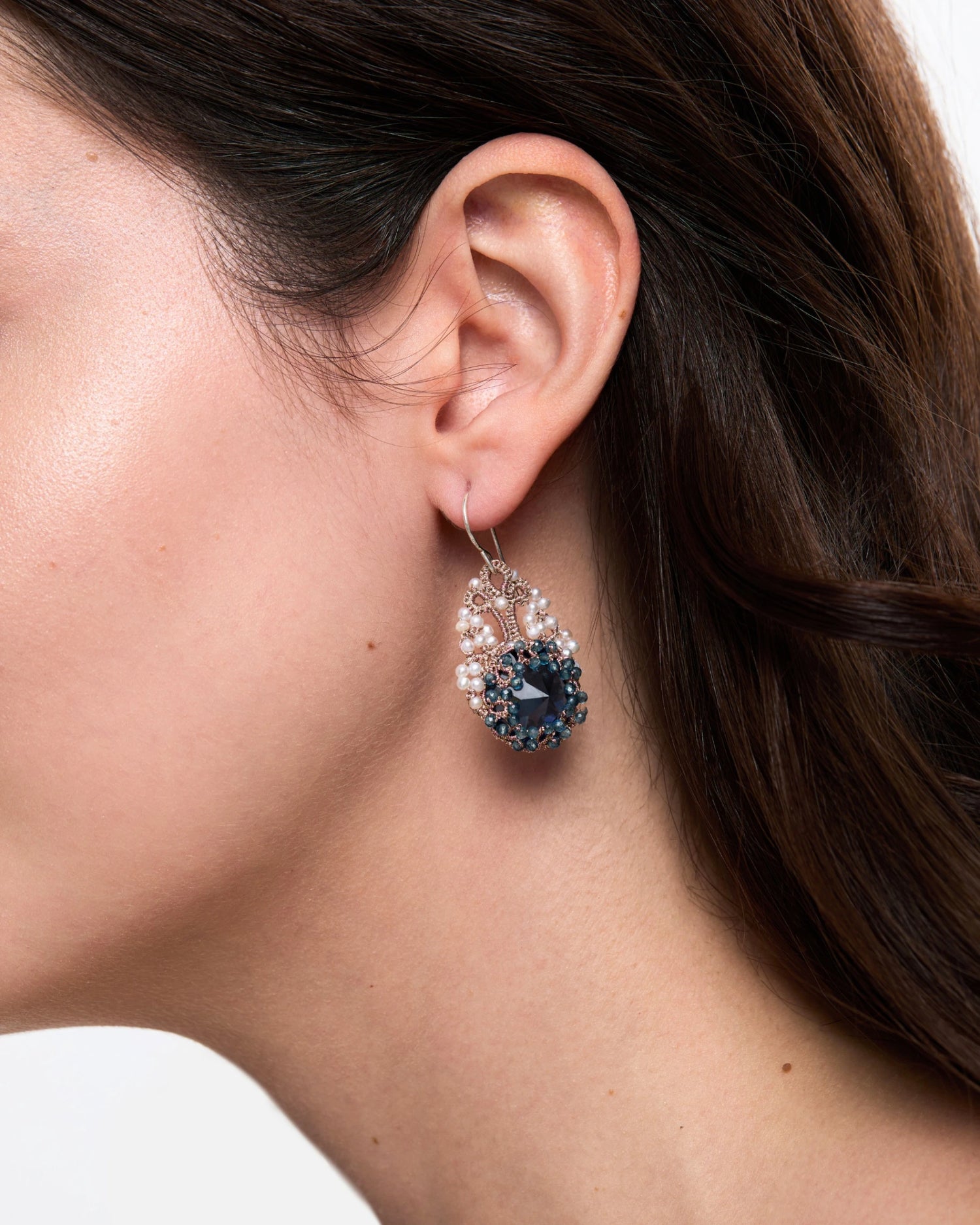 SISSI EARRINGS in Gold, Silver, Pearls color Blue detail view with classic and elegant design