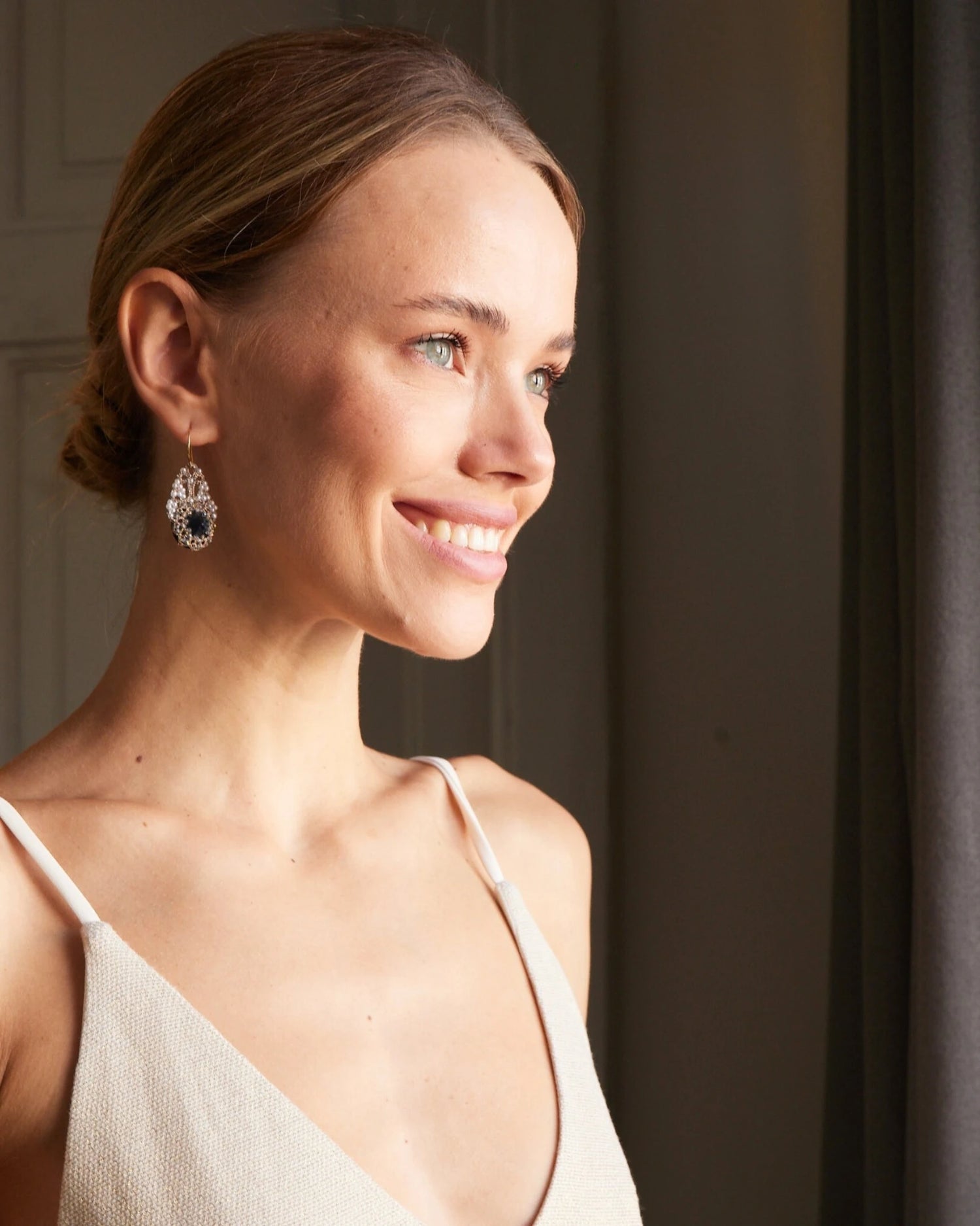 SISSI EARRINGS in Gold, Silver, Pearls color Blue angle view with superior finishes and refined design