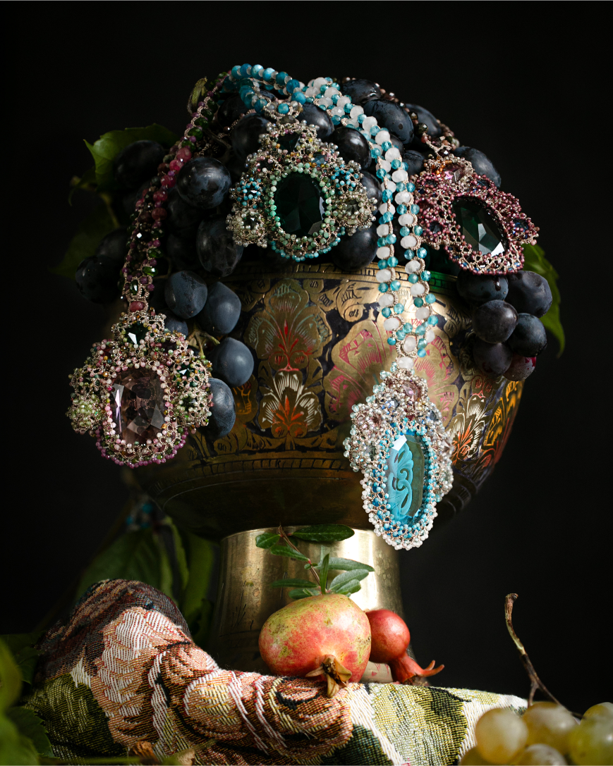 SYDNEY PENDANT in Silk, Pearl, Crystals color Red full view with sophisticated look and elegance