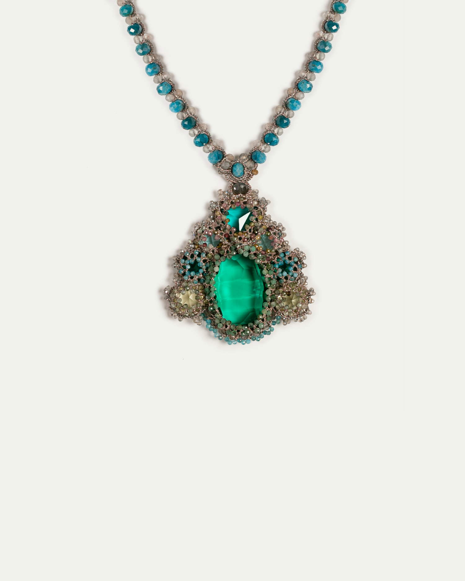 SYDNEY PENDANT in Silk, Pearl, Crystals color Green detail view with classic and elegant design