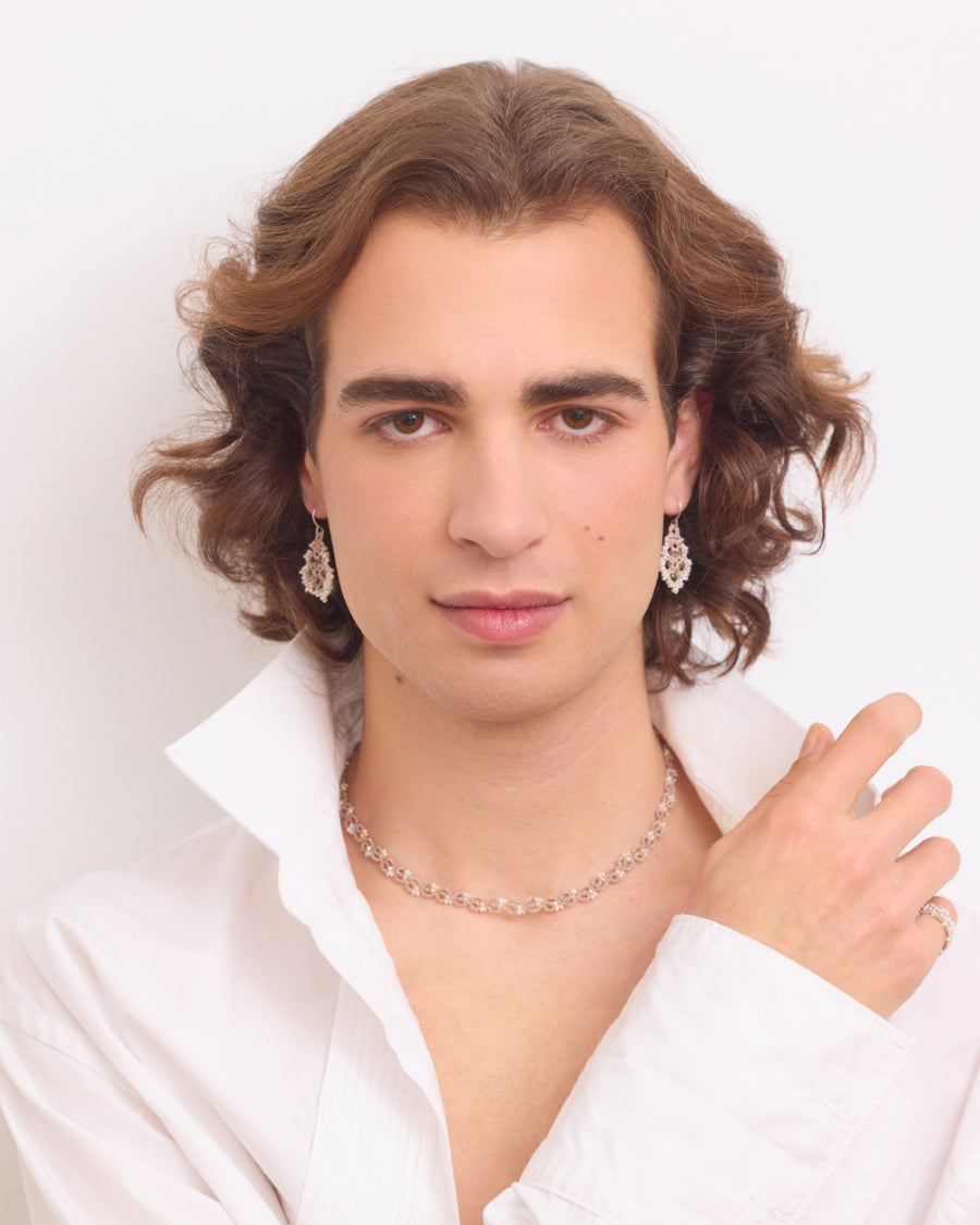 TALIA DONNA EARRINGS in Silk, Silver, Pearls color White detail view with classic and elegant design