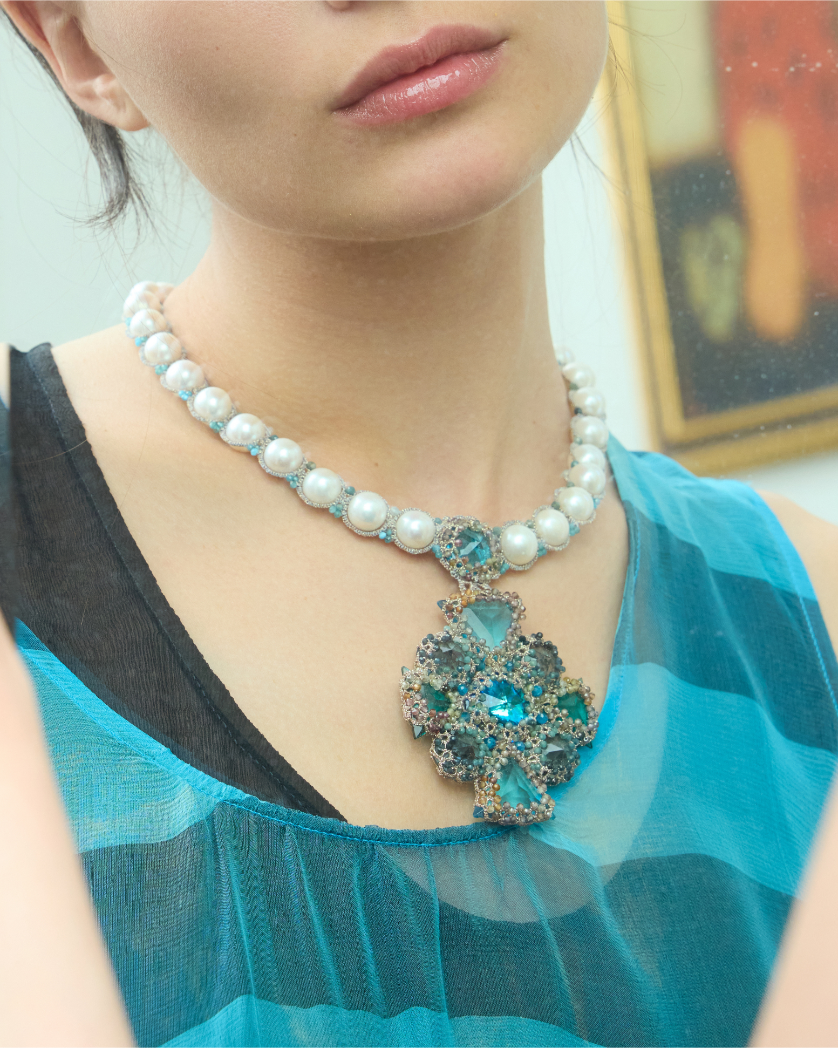 TIFFANY NECKLACE in Silk, Pearl, Pearls color Blue close-up view with premium look and attention to detail