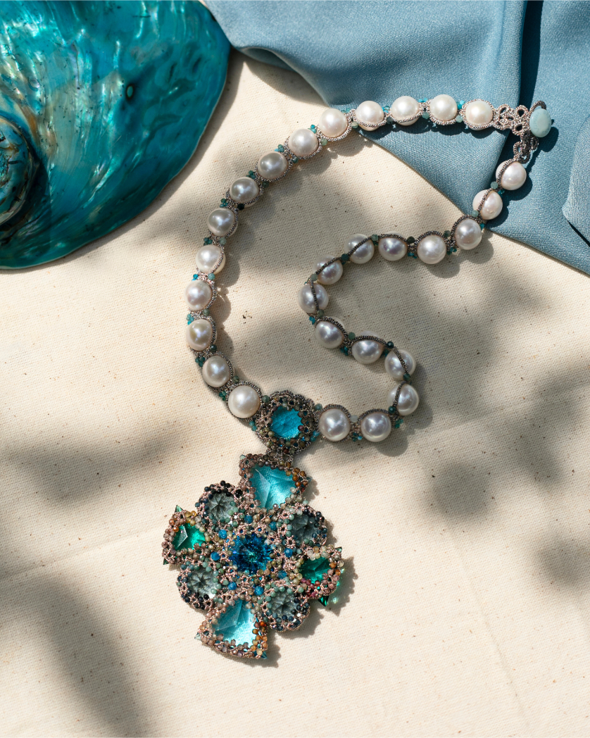 TIFFANY NECKLACE in Silk, Pearl, Pearls color Blue angle view with superior finishes and refined design
