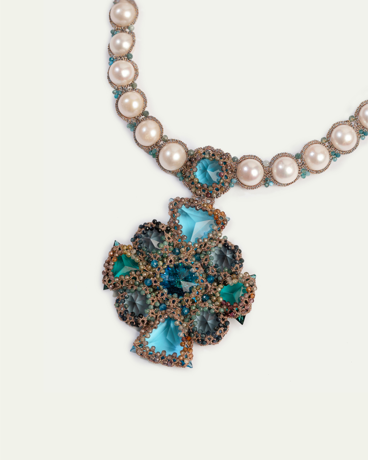 TIFFANY NECKLACE in Silk, Pearl, Pearls color Blue full view with sophisticated look and elegance
