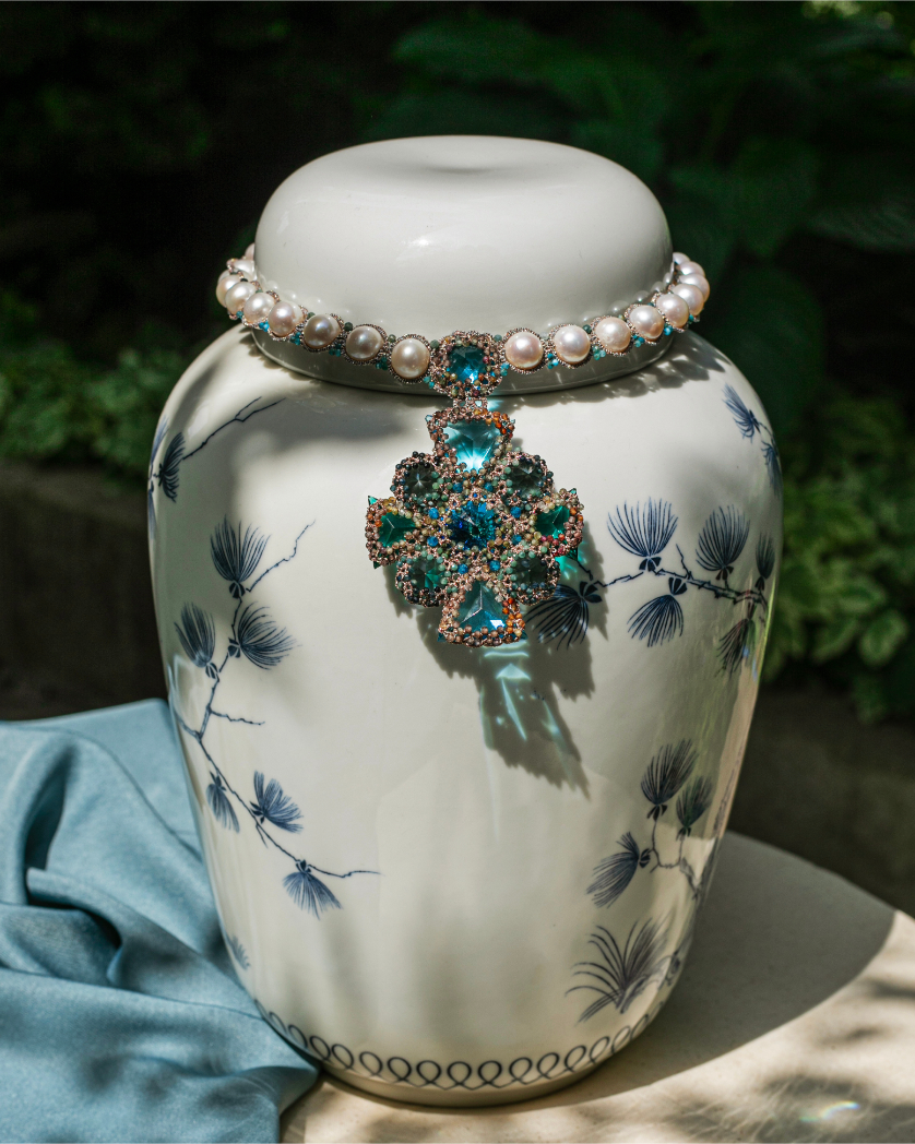 TIFFANY NECKLACE in Silk, Pearl, Pearls color Blue front view with elegant and refined design