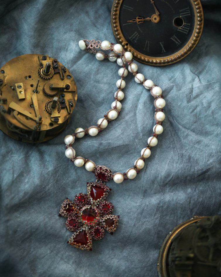 TIFFANY NECKLACE in Silk, Pearl, Pearls color Red close-up view with premium look and attention to detail