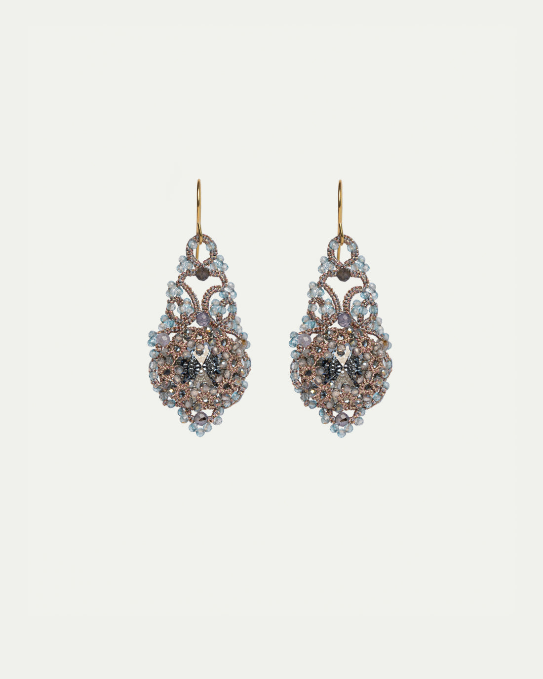 VALENTINA EARRINGS in Silk, Gold, Silver color Blue front view with elegant and refined design