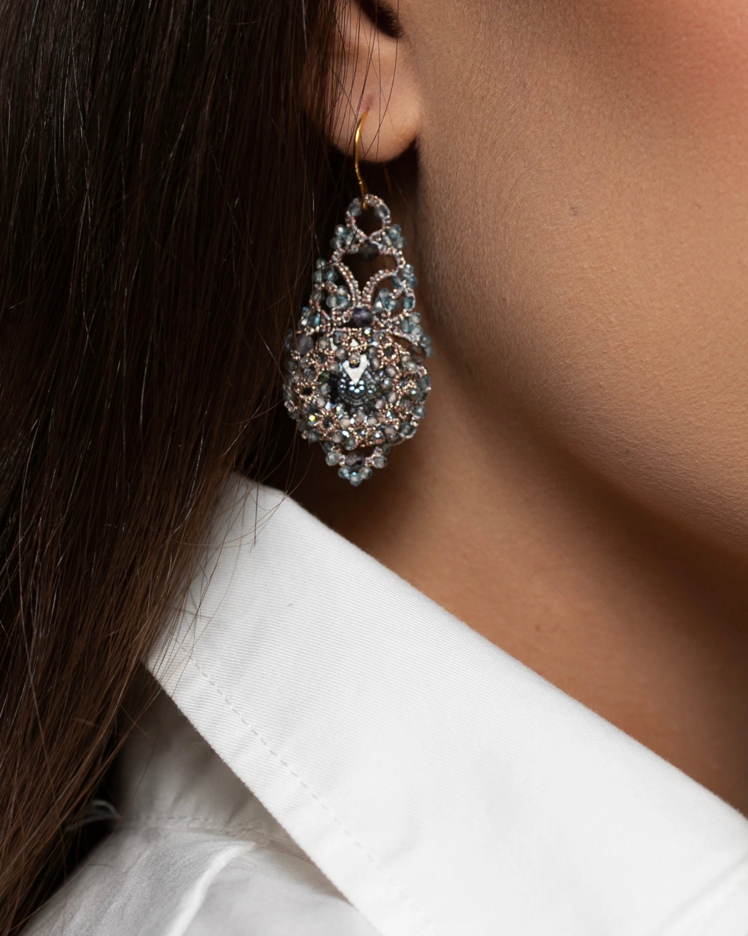 VALENTINA EARRINGS in Silk, Gold, Silver color Blue close-up view with premium look and attention to detail