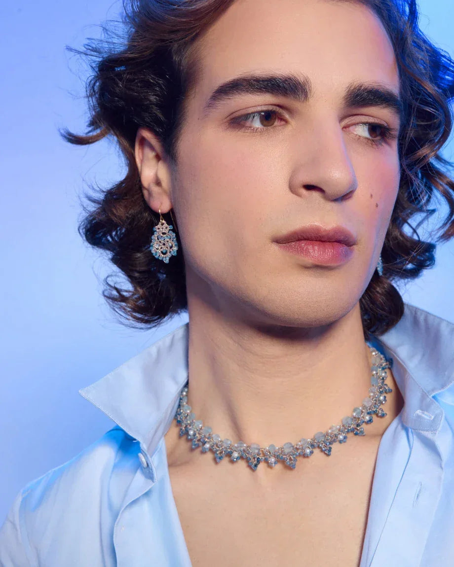 VALERIA NECKLACE in Silk, Pearl, Pearls color Blue detail view with classic and elegant design