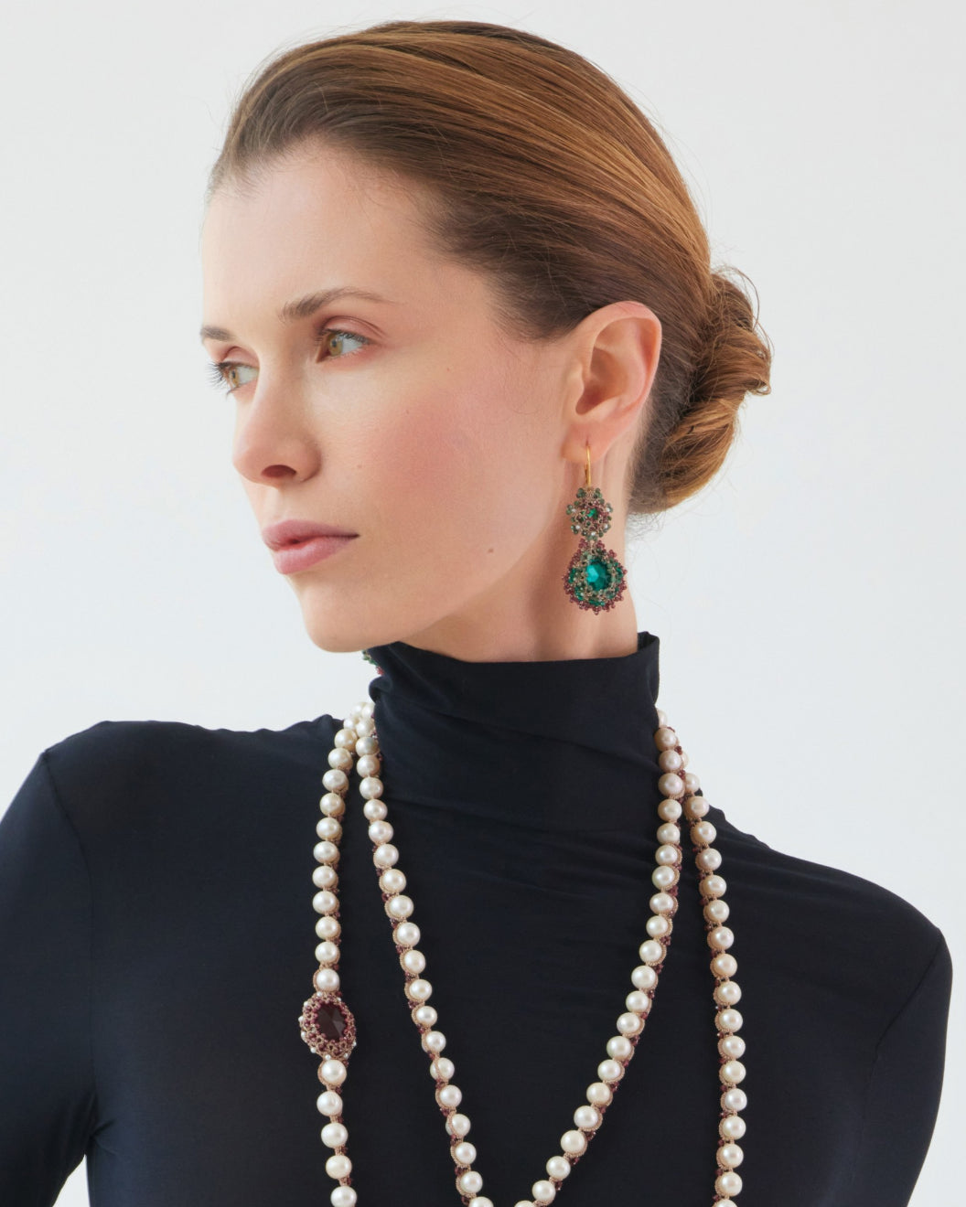 YASMINE EARRINGS in Silk, Gold, Silver color Green detail view with classic and elegant design