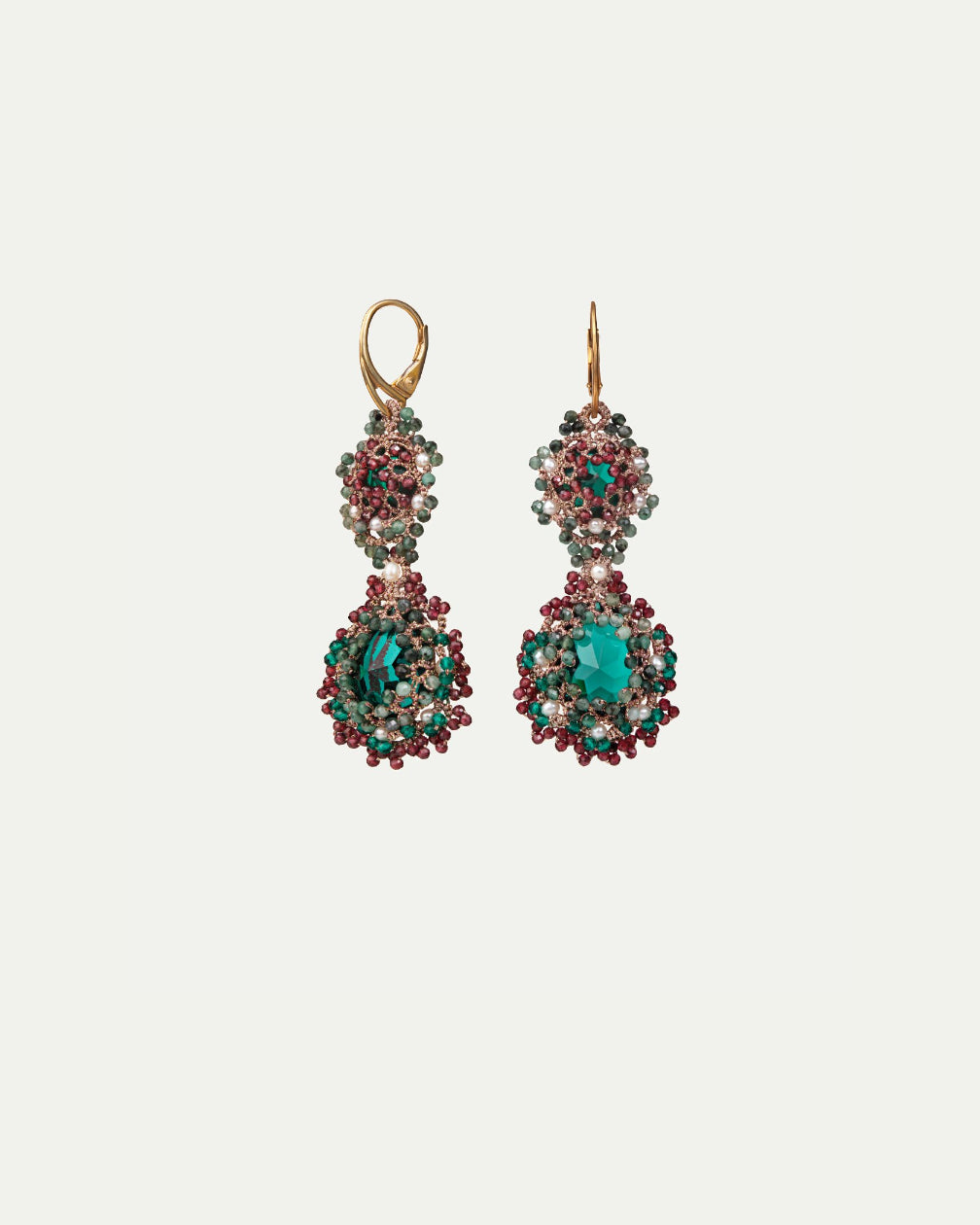 Green silk gold earrings with pearls, intricate detailing, and freshwater pearl accents.